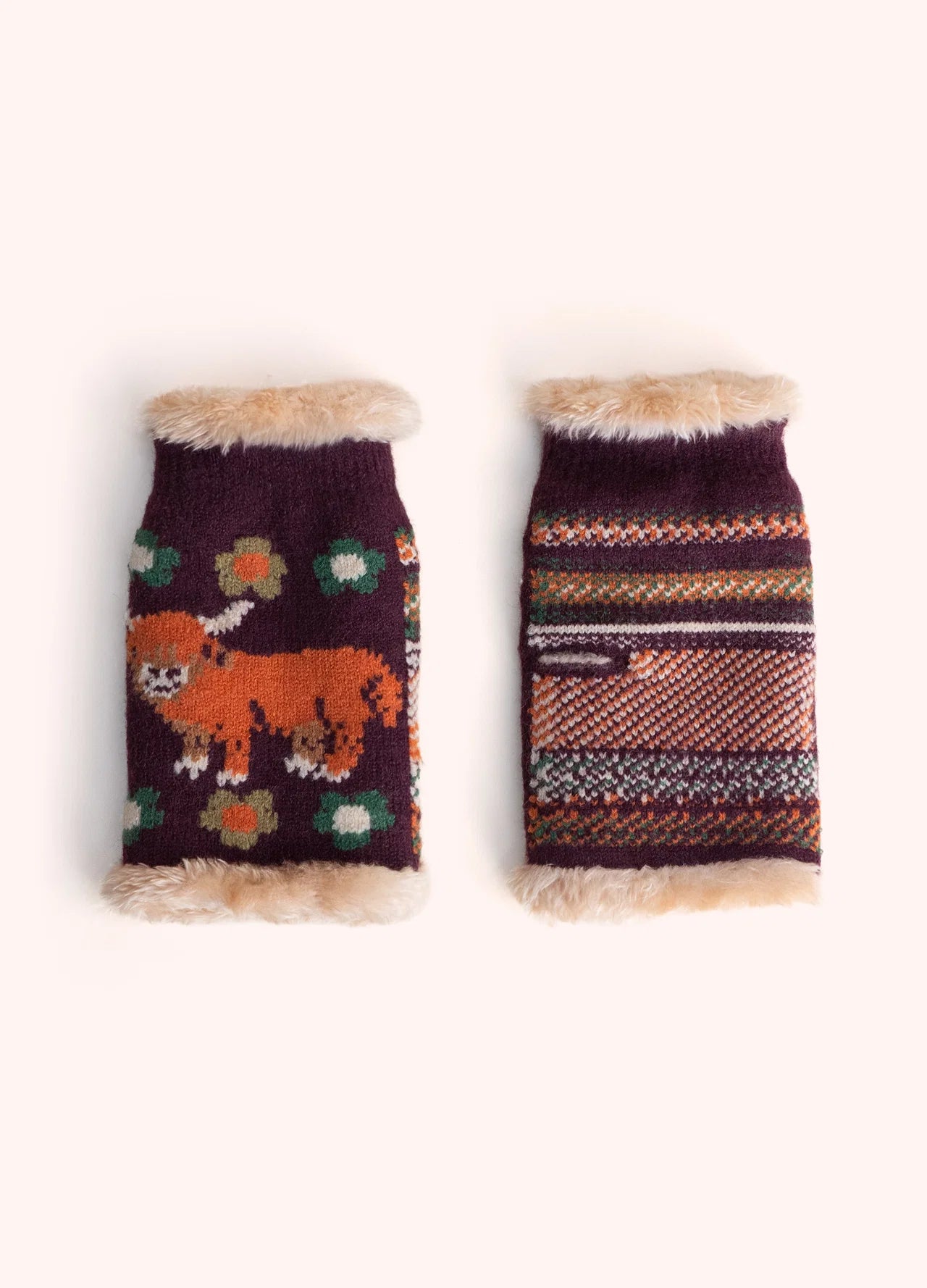 Powder AW26 Highland Cow Wrist Warmers in Damson