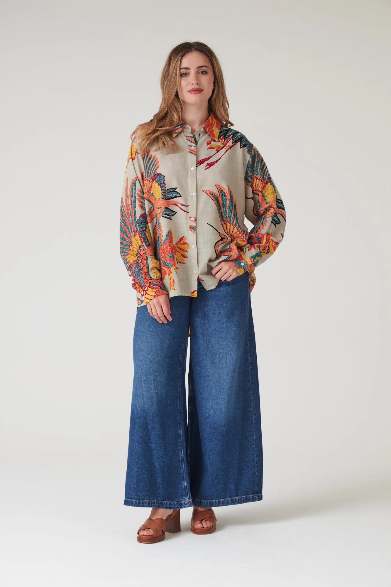 One Hundred Stars Crane Stone Oversized Shirt