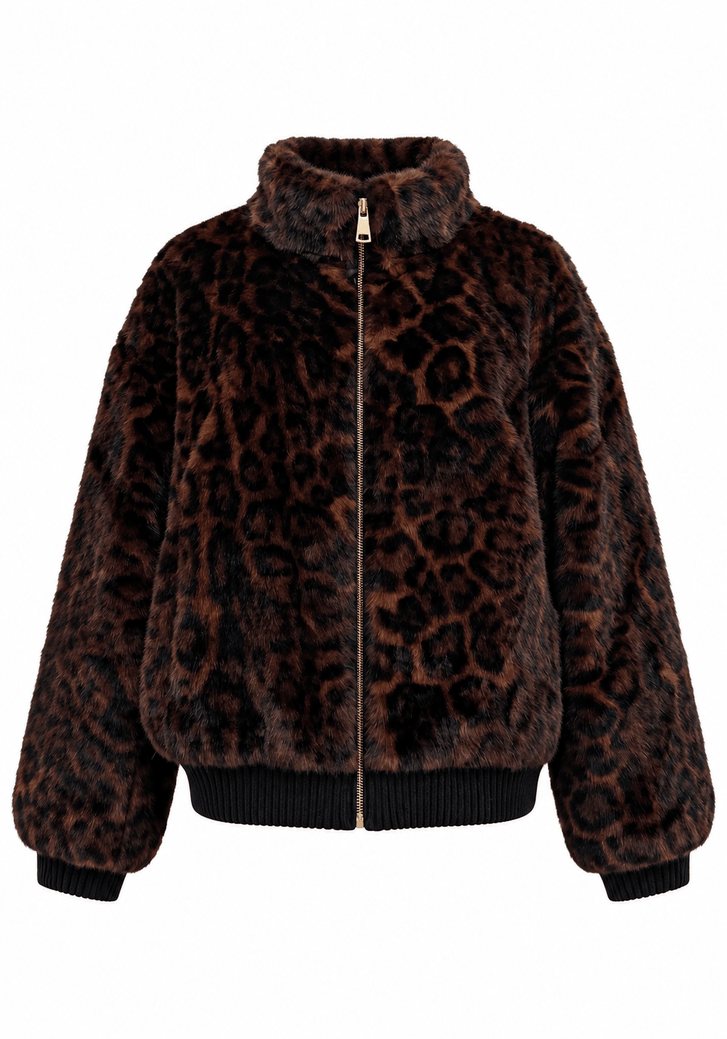 Faux Fur Leopard Print Ribbed-Trim Bomber JacketBrown - Blue Water Clothing
