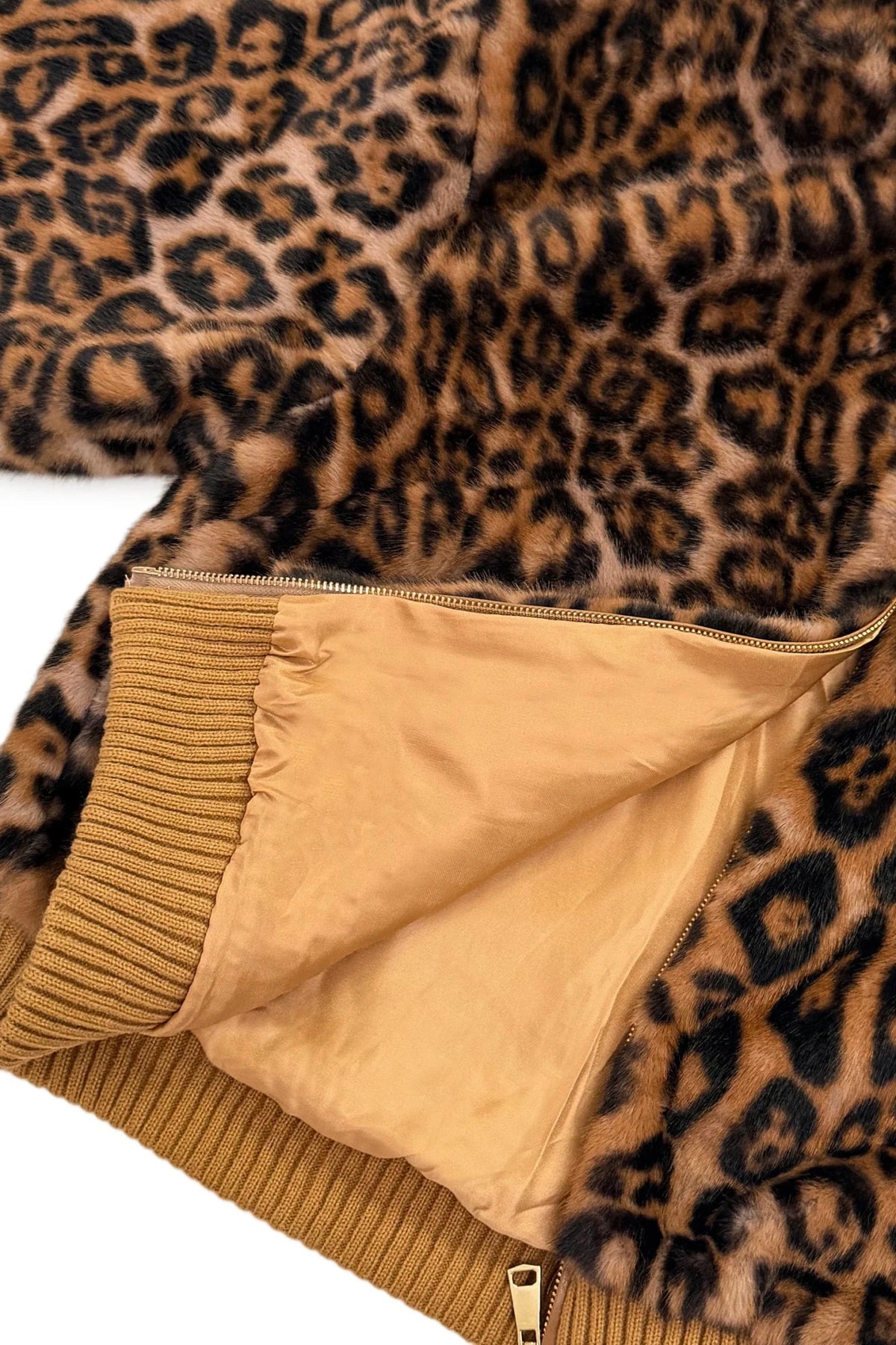 Faux Fur Leopard Print Ribbed-Trim Bomber JacketCamel - Blue Water Clothing