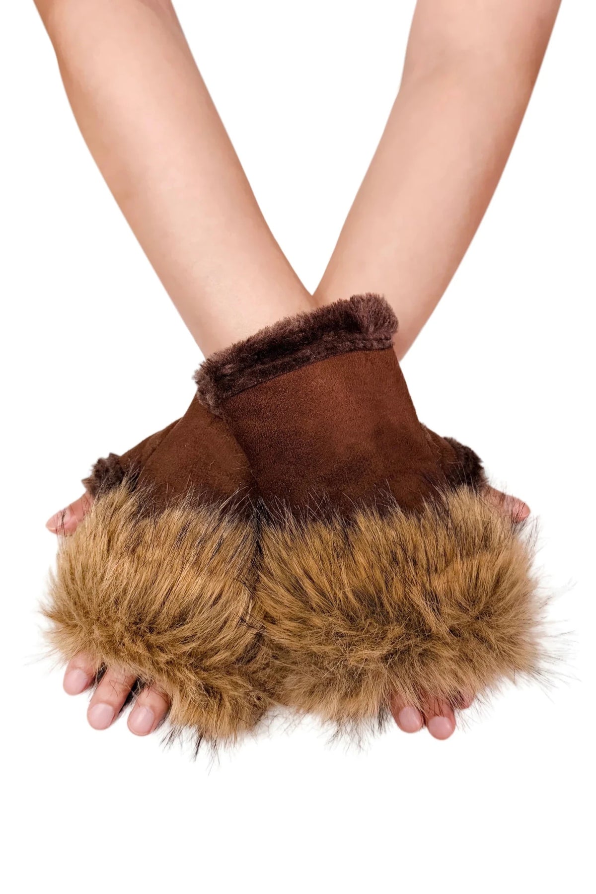 Faux Fur Trimmed Suede Fingerless Gloves - Blue Water Clothing