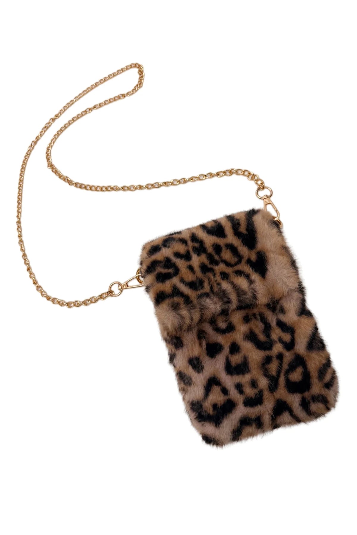 Plush Faux Fur Phone Crossbody Bag with Gold Chain - Blue Water Clothing