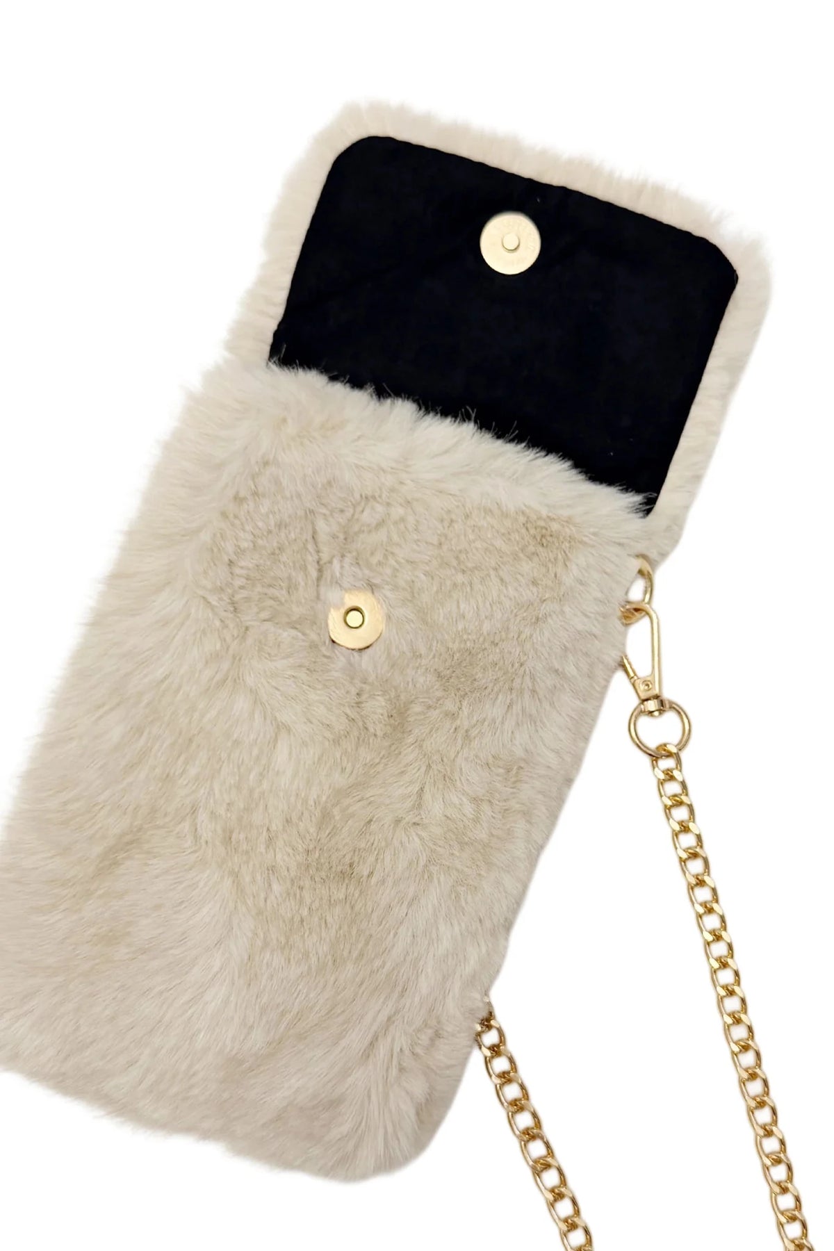 Plush Faux Fur Phone Crossbody Bag with Gold Chain - Blue Water Clothing