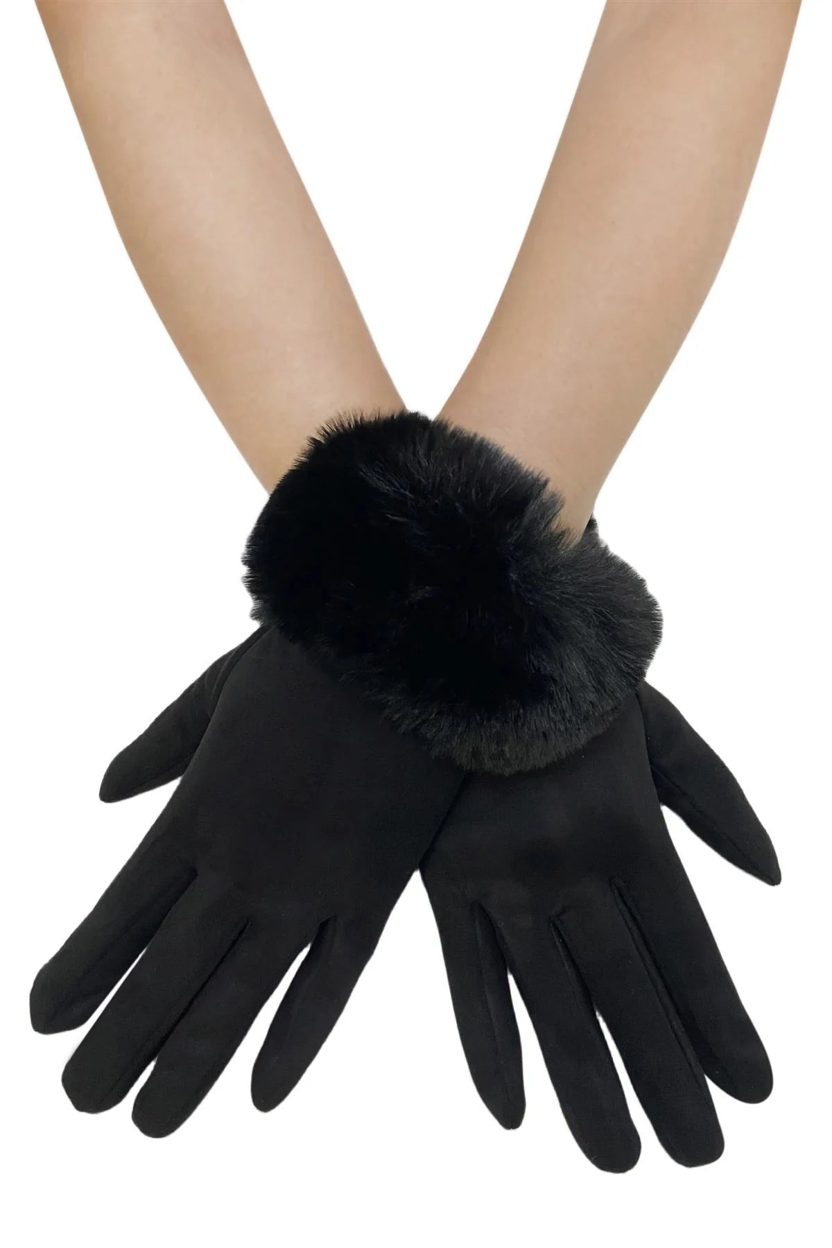 Faux Fur Trim Suede Touch Screen Gloves - Blue Water Clothing