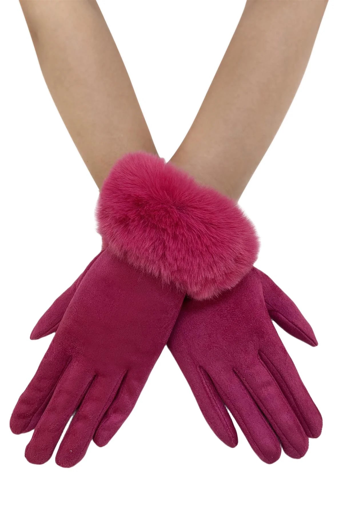Faux Fur Trim Suede Touch Screen Gloves - Blue Water Clothing