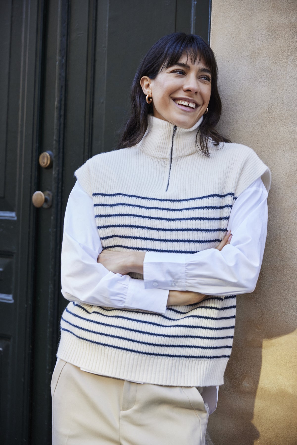 FransaFransa FRVINNA 1 Knitted Quarter Zip VestFootwearStripe Navy - Blue Water Clothing