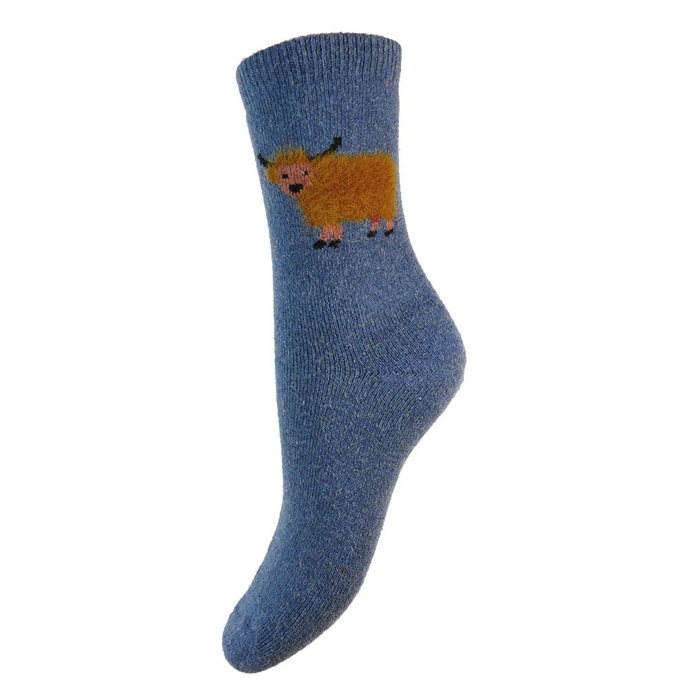 GemjarGemjar Thick wool blend blue socks with fluffy Highland CowsSocksBlue - Blue Water Clothing