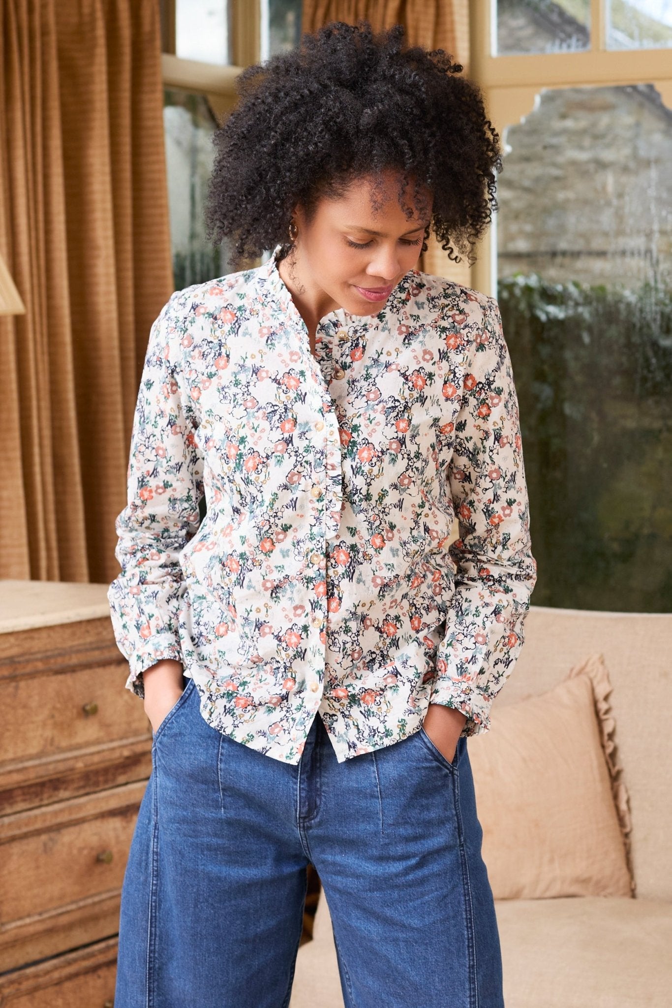 Lily & MeLily And Me Rachel Frill Blouse Feather Ditsy EcruTopsEcru - Blue Water Clothing