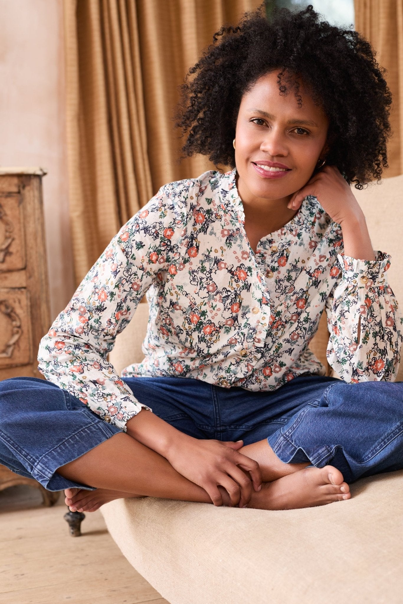 Lily & MeLily And Me Rachel Frill Blouse Feather Ditsy EcruTopsEcru - Blue Water Clothing