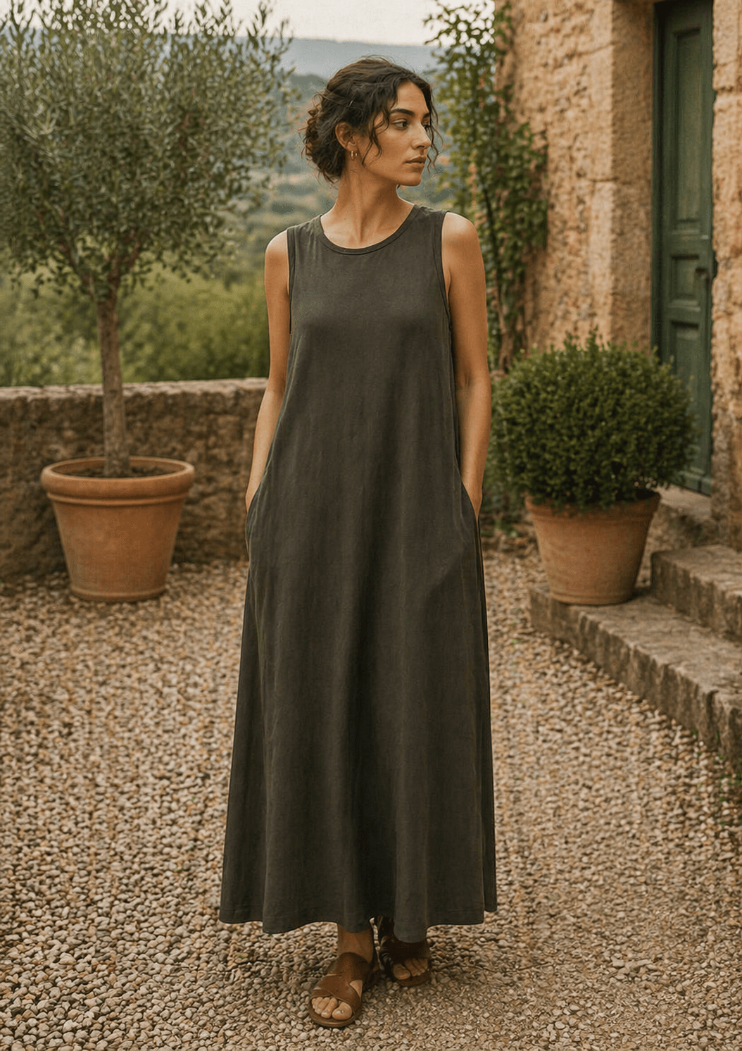 Modula Maxi Sleeveless Dress Military Green – Blue Water Clothing
