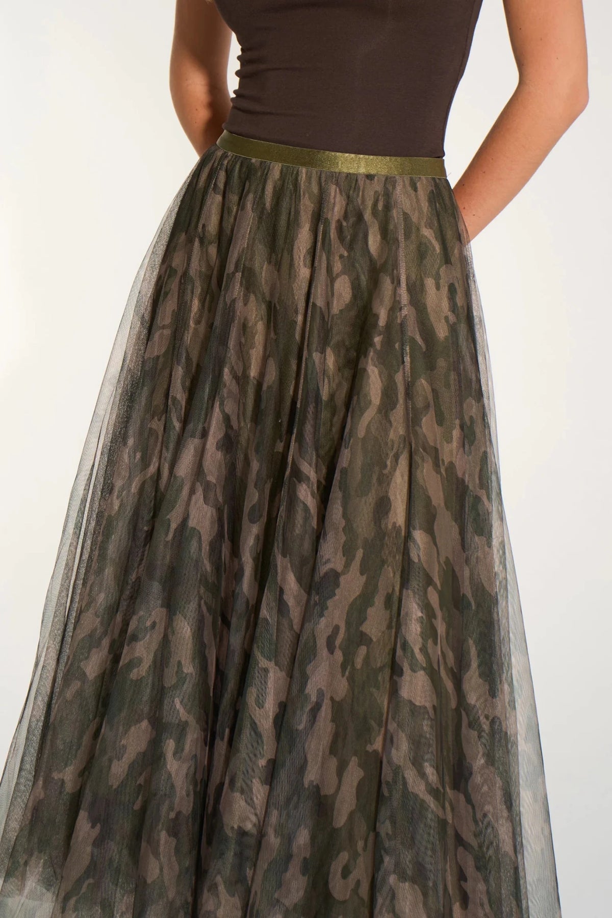 MSH Camouflage Midi Tulle Swing Skirt in Khaki - Blue Water Clothing