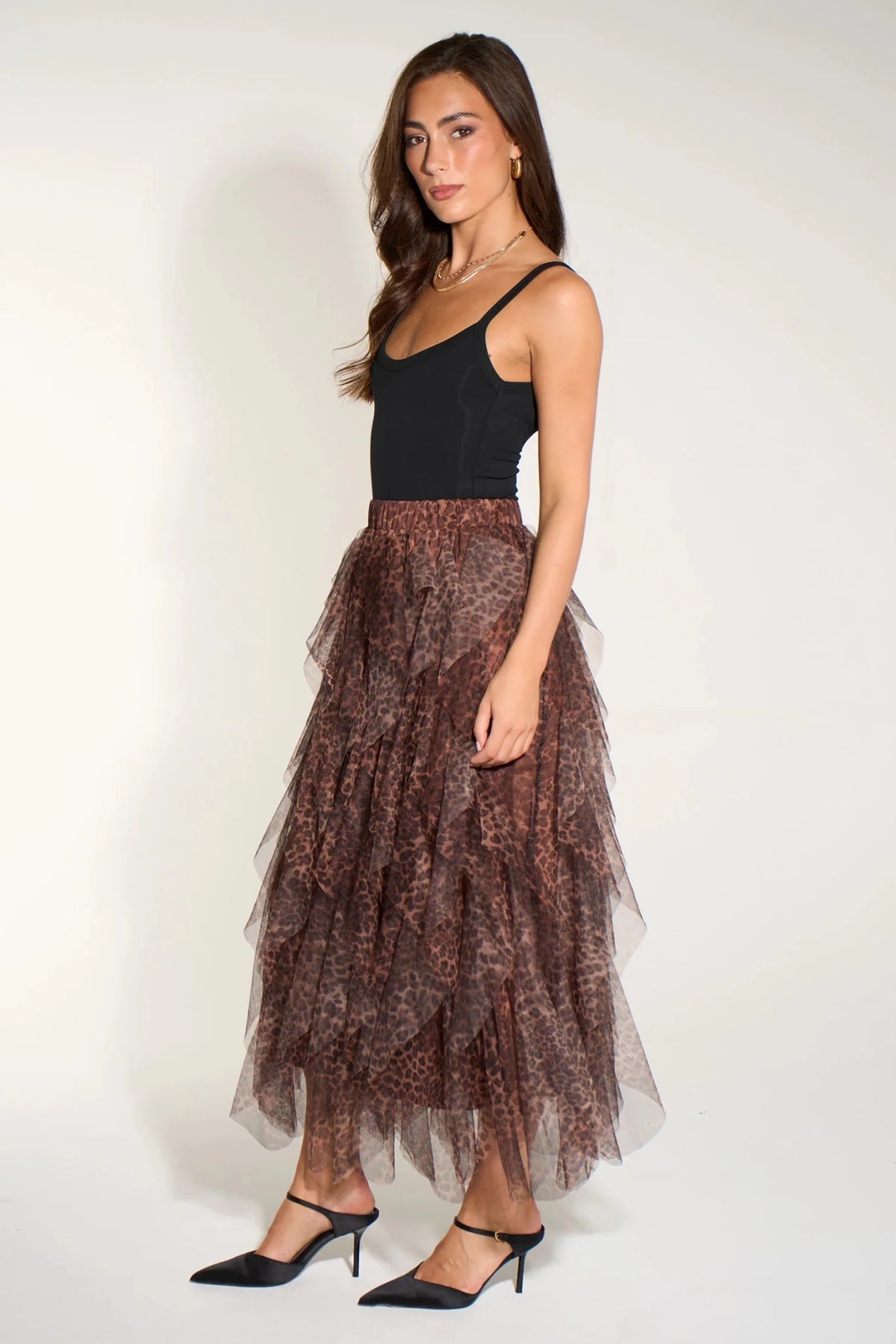 MSH Leopard Print Layered Tulle Maxi Skirt in Brown - Blue Water Clothing