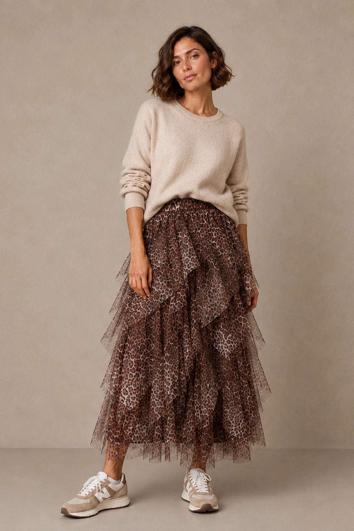 MSH Leopard Print Layered Tulle Maxi Skirt in Brown - Blue Water Clothing