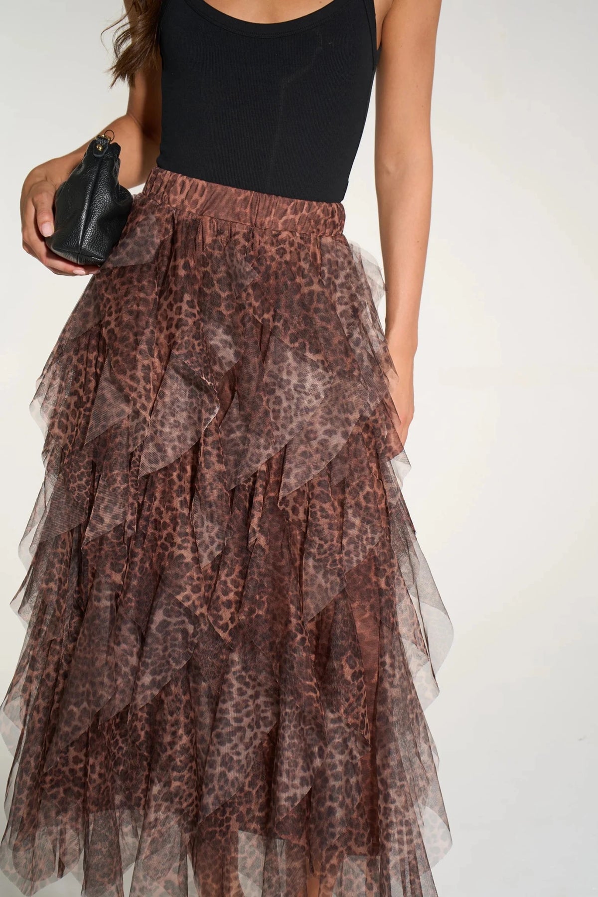 MSH Leopard Print Layered Tulle Maxi Skirt in Brown - Blue Water Clothing