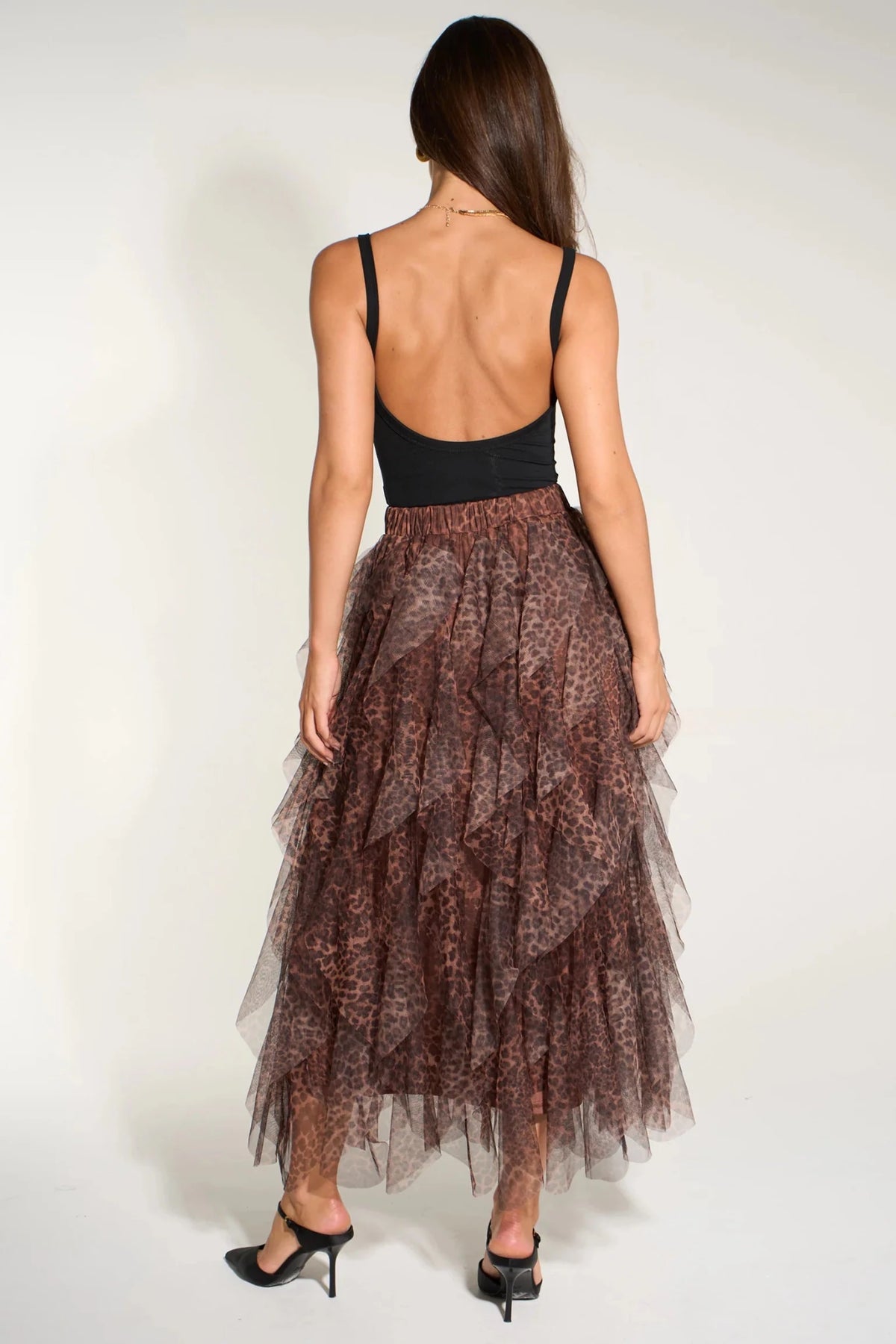 MSH Leopard Print Layered Tulle Maxi Skirt in Brown - Blue Water Clothing