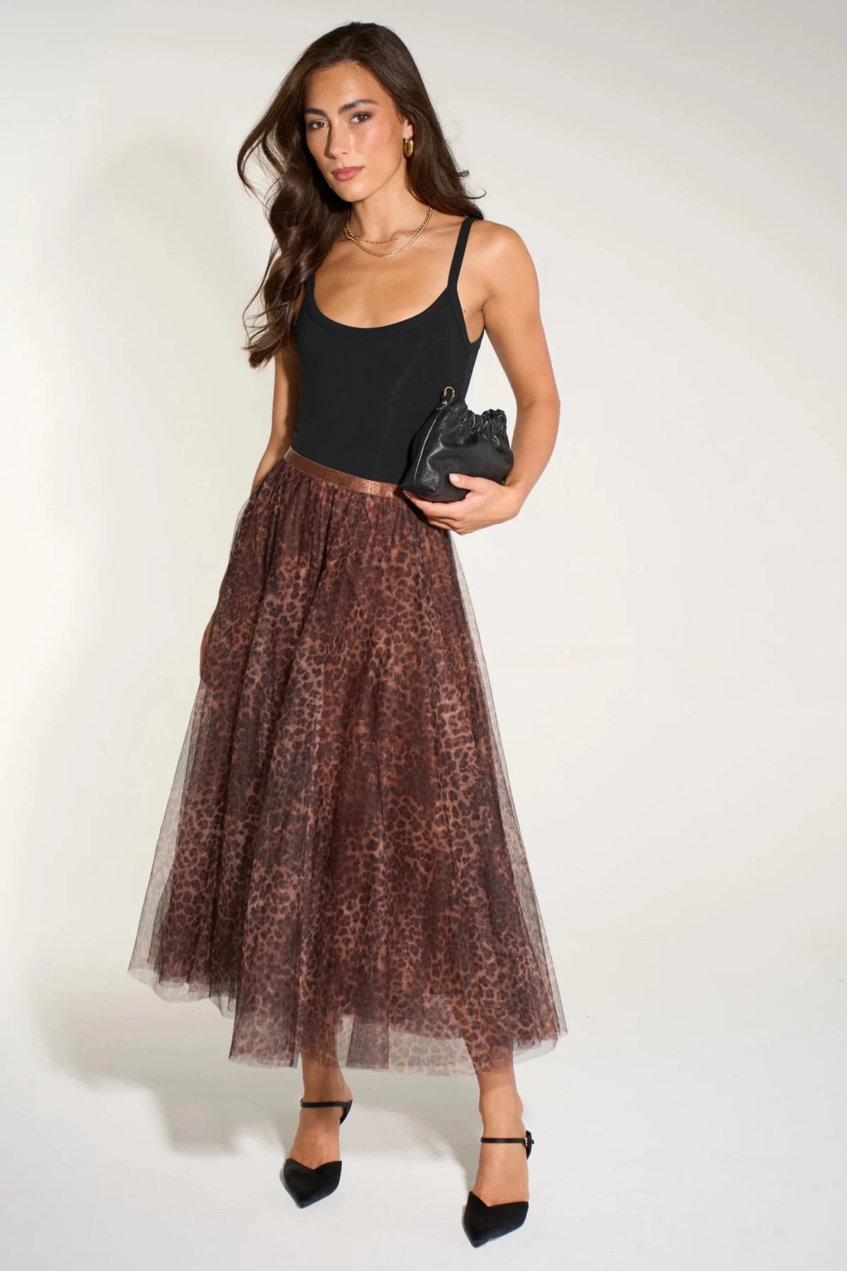 MSH Leopard Print Midi Tulle Swing Skirt in Brown - Blue Water Clothing