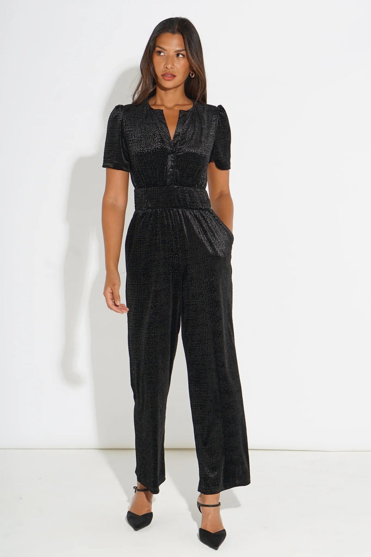 MSH Textured Velvet Lydia Jumpsuit in BlackBlack - Blue Water Clothing