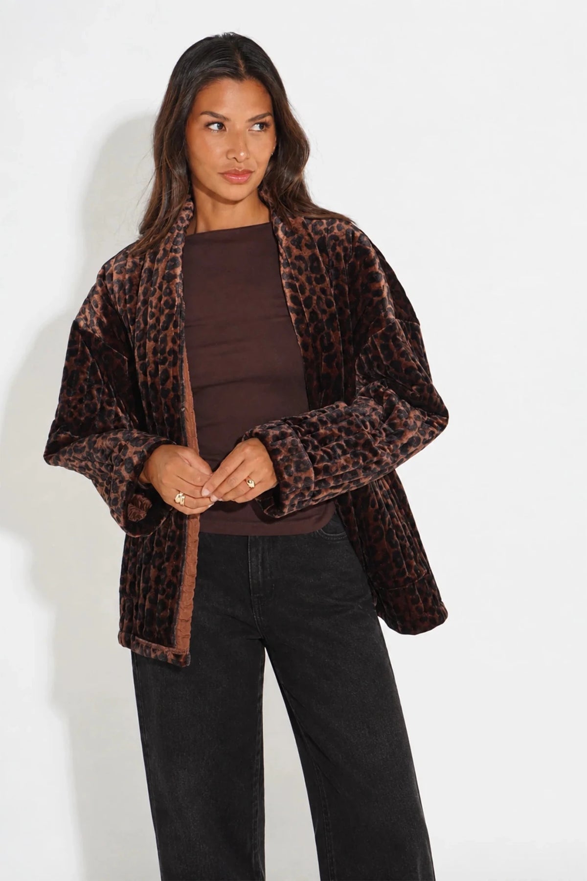MSH Velvet Leopard Print Kimono Jacket in Brown - Blue Water Clothing
