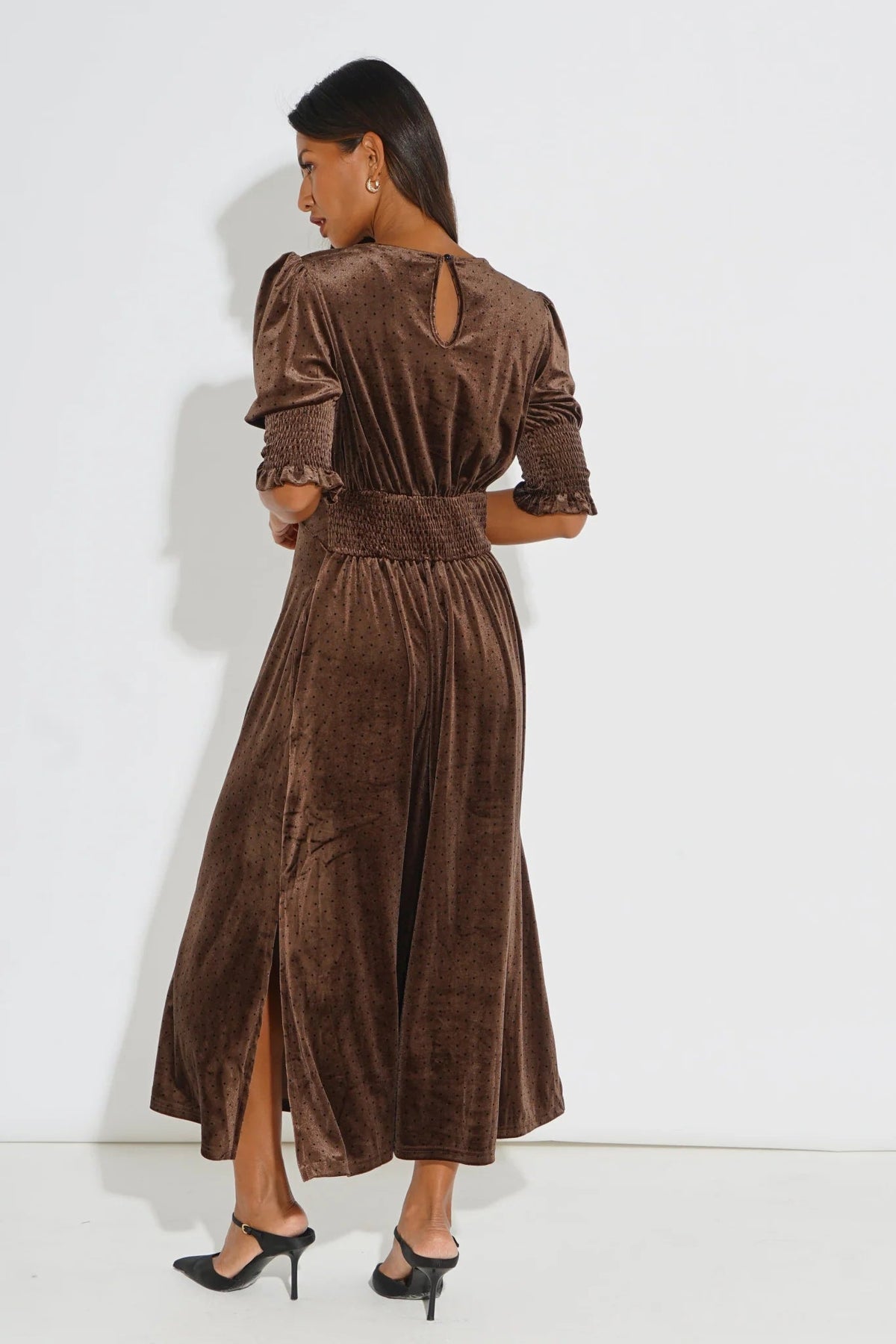 MSH Velvet Polka Dot Tea Dress in BrownBrown - Blue Water Clothing