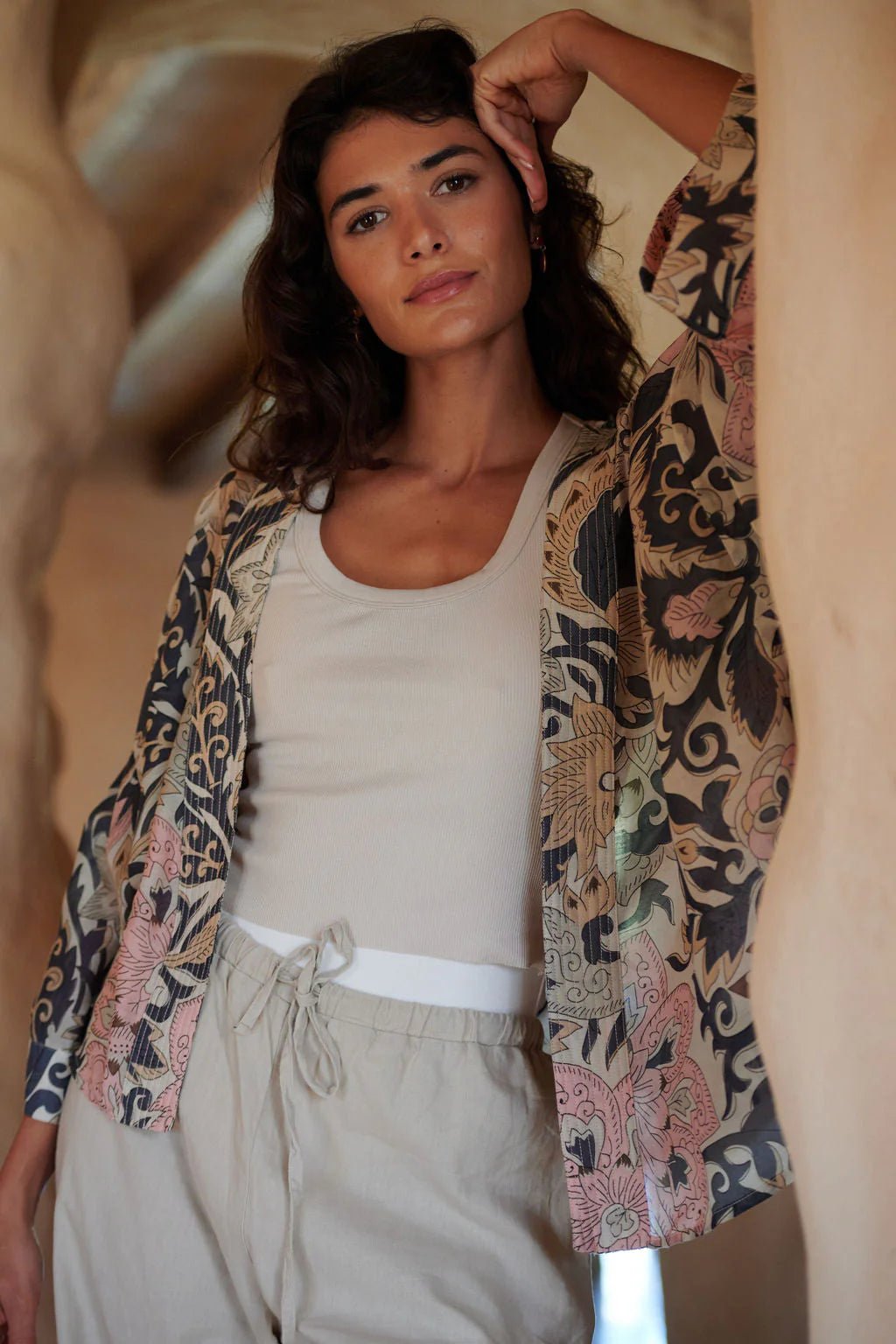 One Hundred Stars Block Taupe Kimono - Blue Water Clothing
