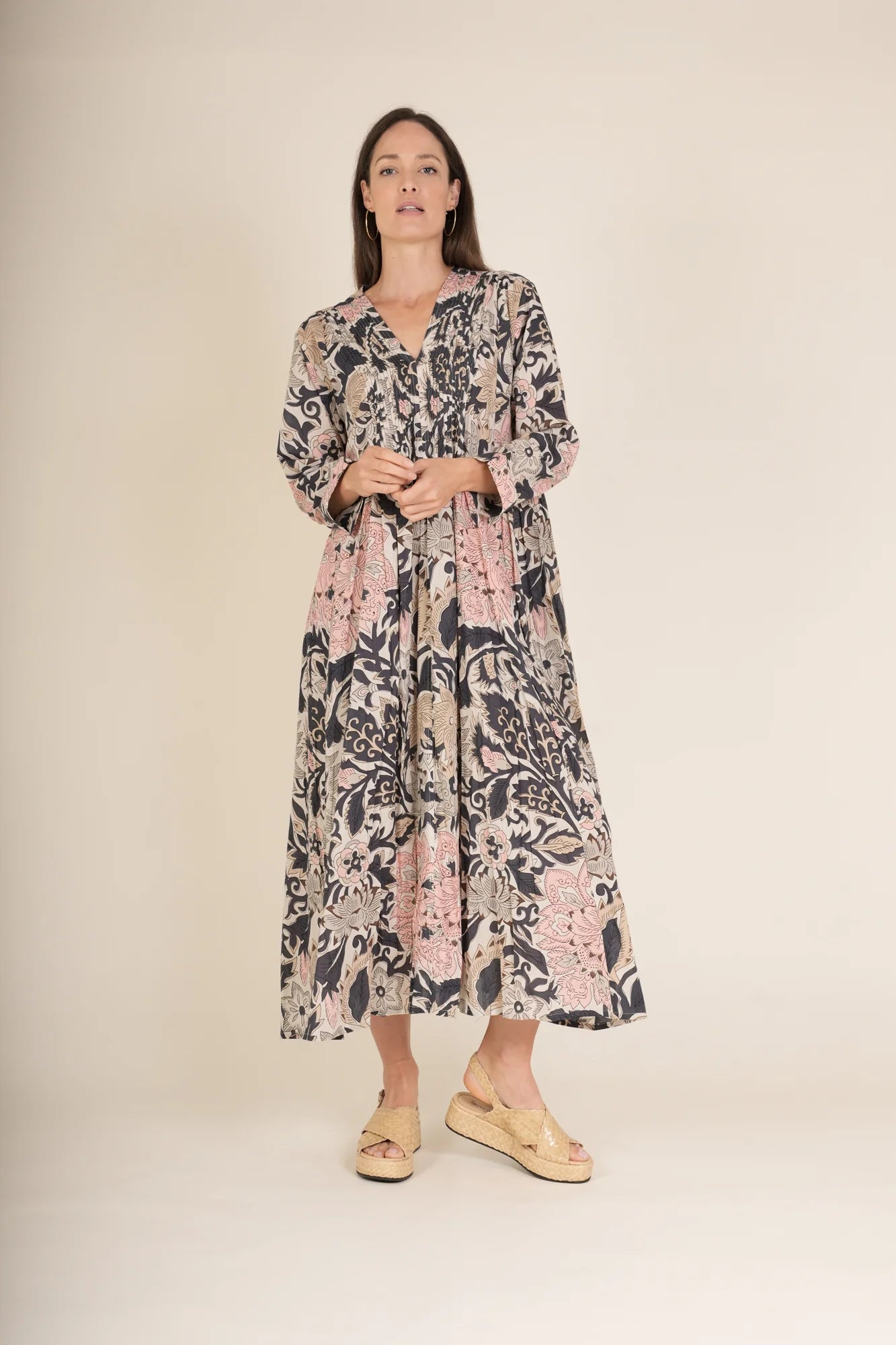 One Hundred Stars Block Taupe Pinch Pleat Dress - Blue Water Clothing