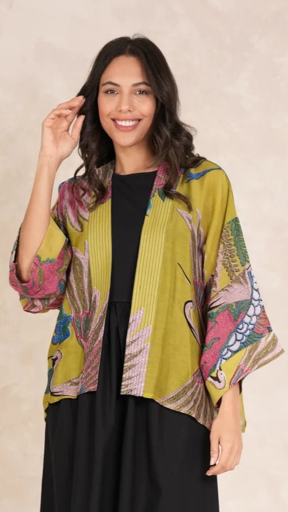 One Hundred Stars Crane Olive Kimono - Blue Water Clothing