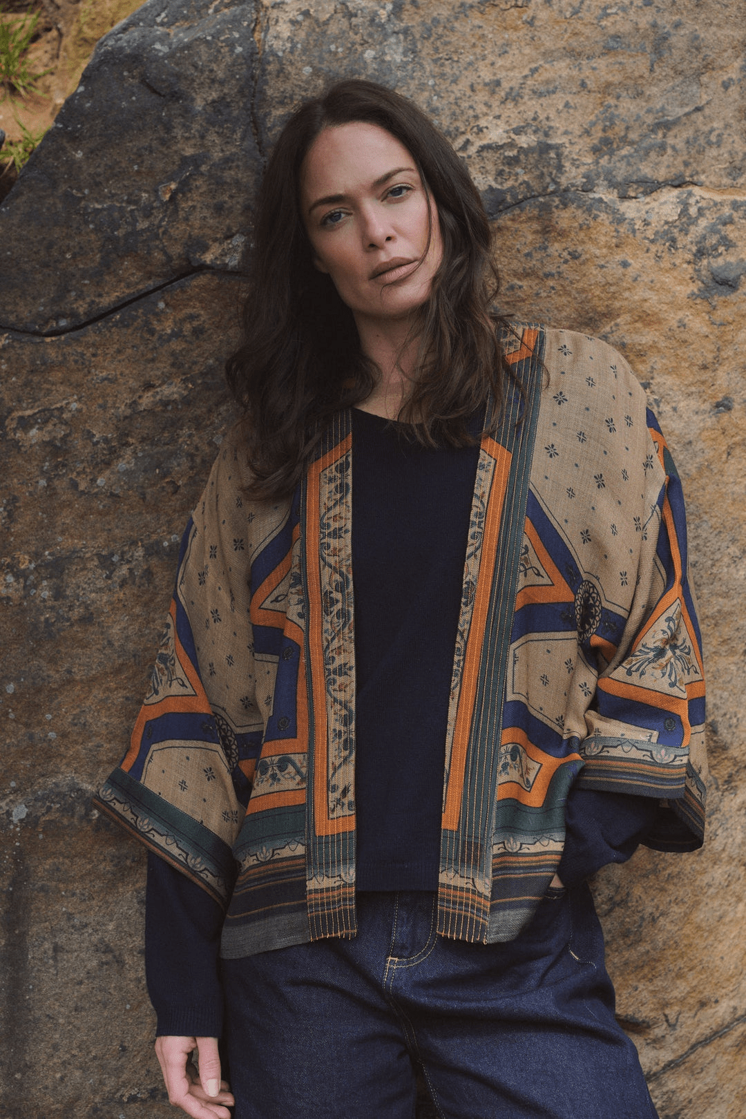 One Hundred StarsOne Hundred Stars Fluer De Lys Wool Kimono SandKimono - Blue Water Clothing