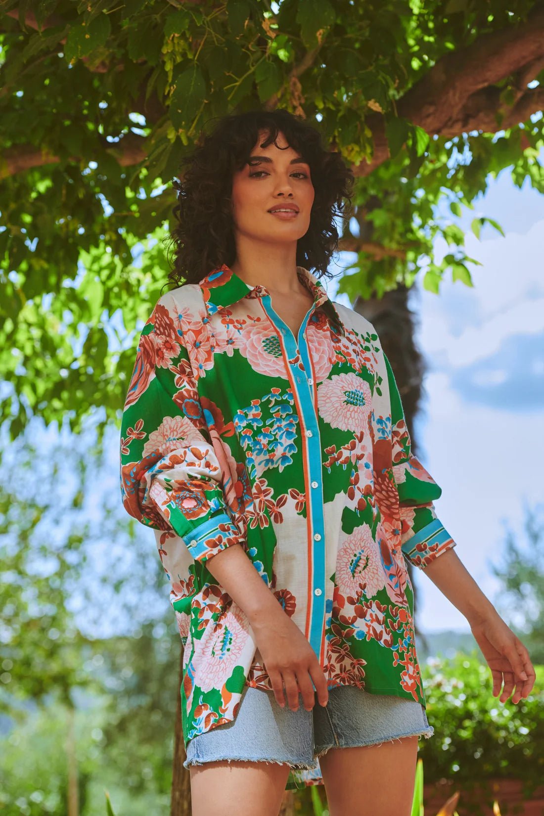 One Hundred StarsOne Hundred Stars Kitsch Bouquet Green Oversized ShirtTops - Blue Water Clothing