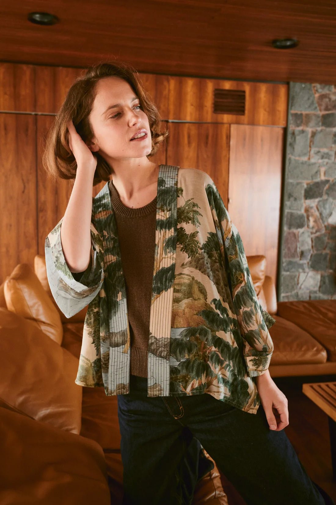 One Hundred StarsOne Hundred Stars Rivers And Trees Natural KimonoTopsNatural - Blue Water Clothing