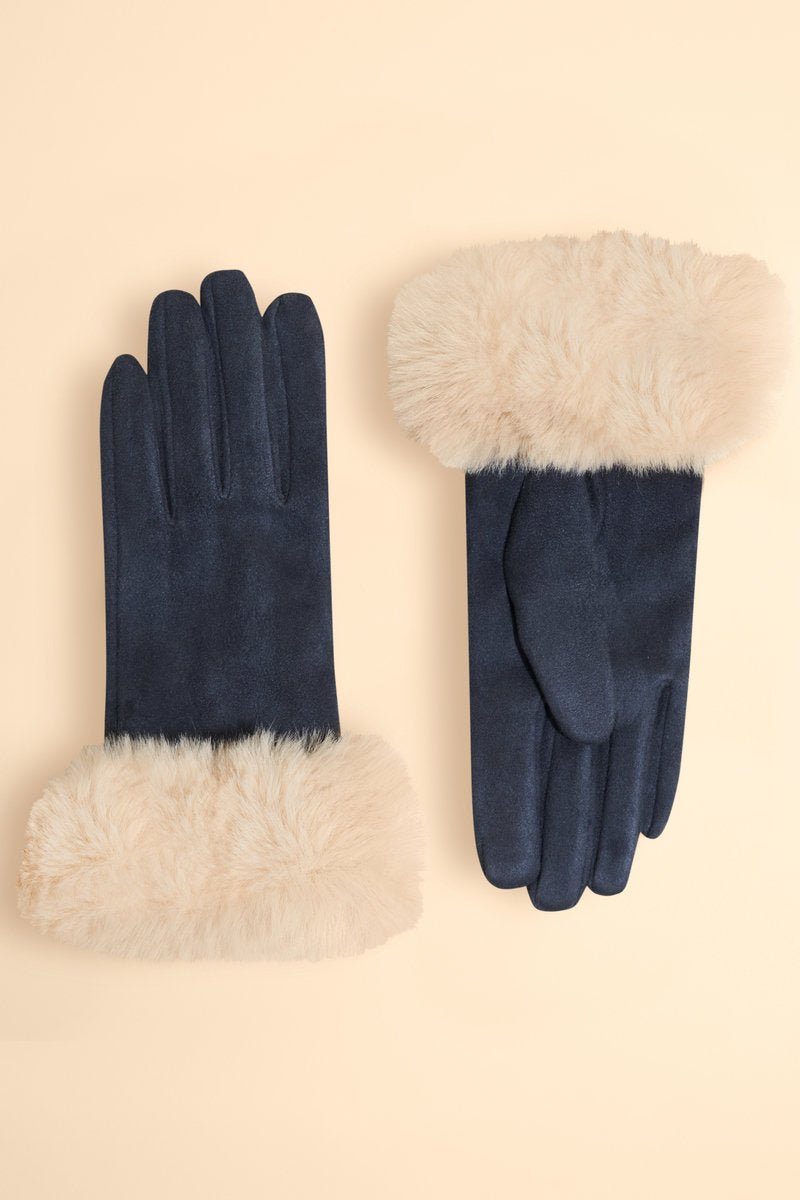 Powder Bettina Faux Suede/Faux Fur Gloves in Navy/Cream - Blue Water Clothing