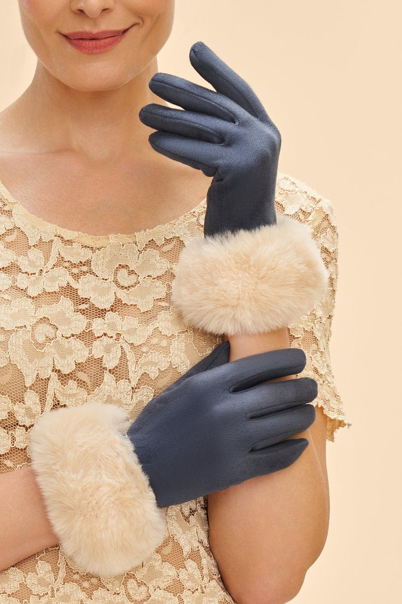 Powder Bettina Faux Suede/Faux Fur Gloves in Navy/Cream - Blue Water Clothing
