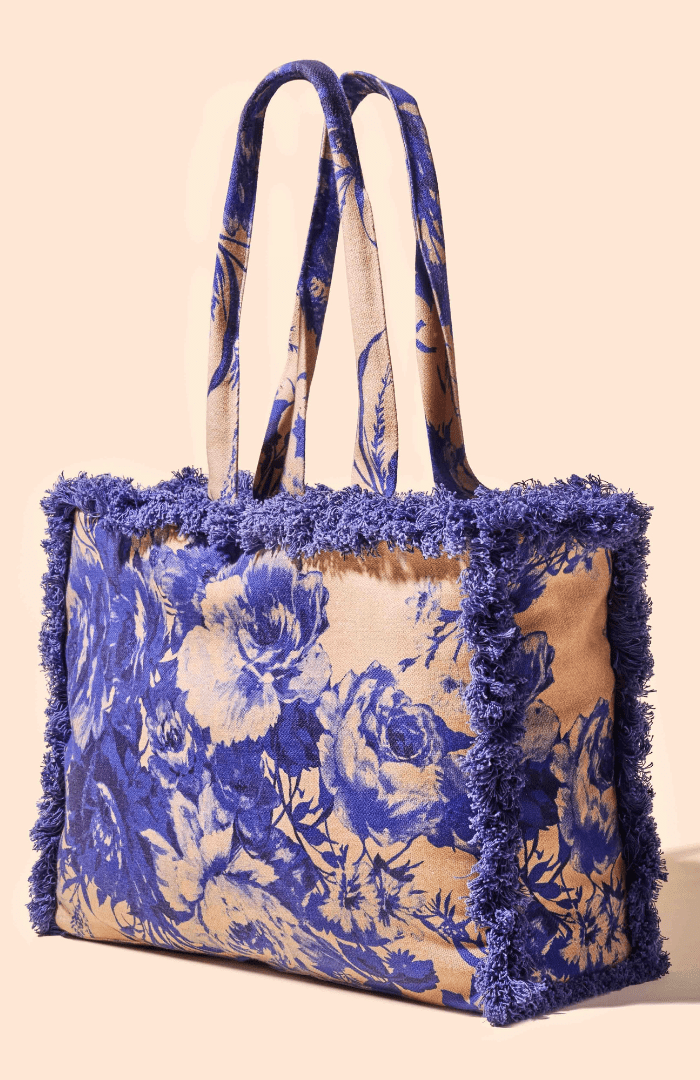 Powder China Blue Blooms Fringed Box Tote Bag - Blue Water Clothing