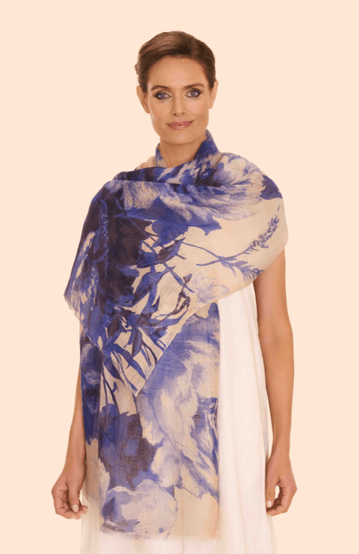 Powder China Blue Blooms Linen/Cotton Mix Scarf - Blue Water Clothing