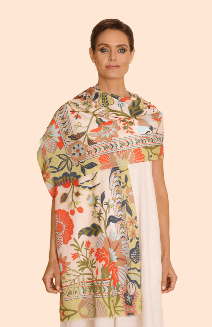 Powder Folky Floral Cotton Scarf - Coconut - Blue Water Clothing