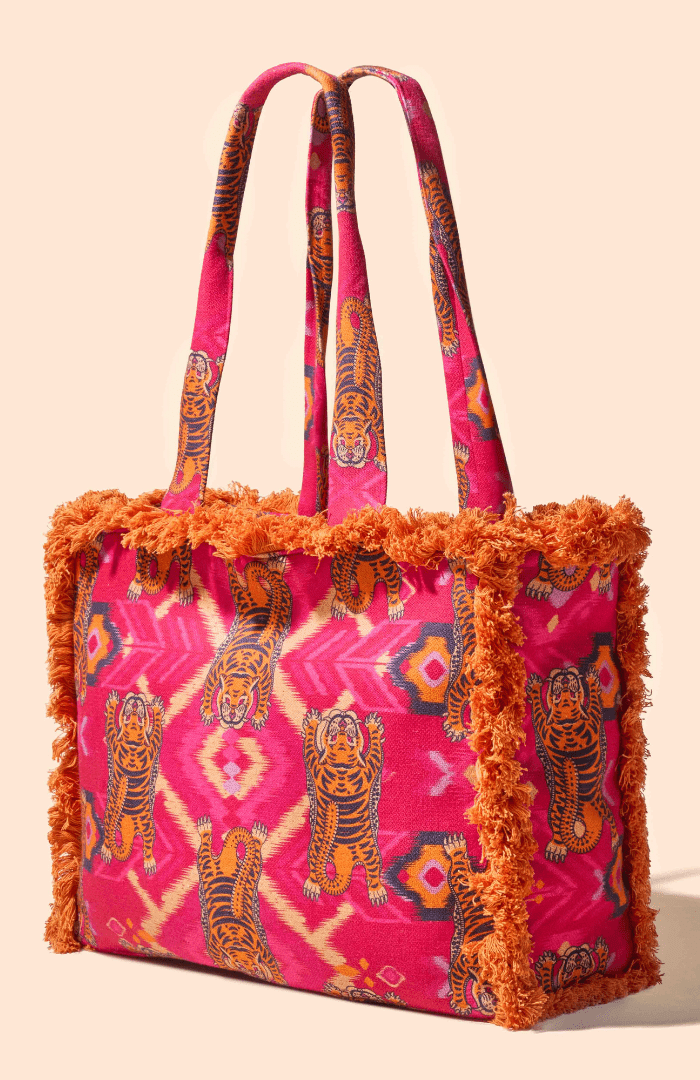 Powder Ikat Tigers Fringed Box Tote Bag - Fuchsia - Blue Water Clothing