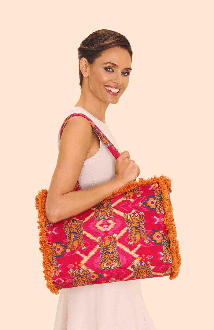 Powder Ikat Tigers Fringed Box Tote Bag - Fuchsia - Blue Water Clothing