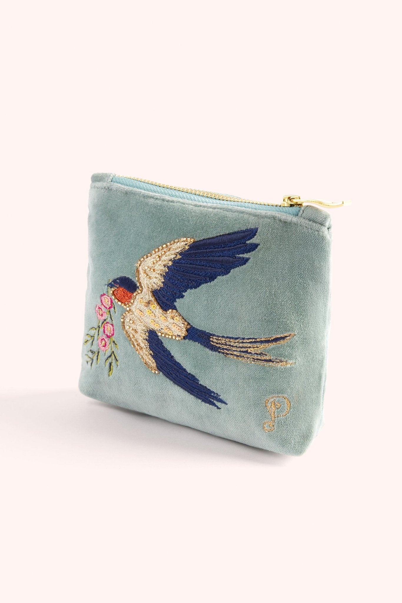 PowderPowder Embroidered Velvet Mini Pouch Swooping SwallowsAccessories - Blue Water Clothing