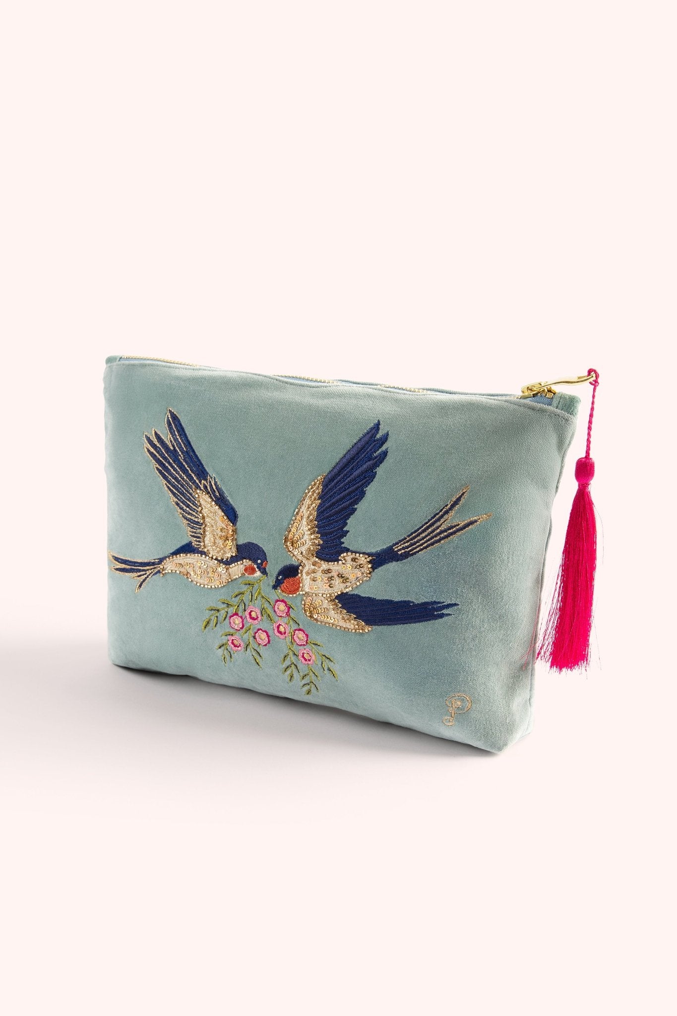 PowderPowder Embroidered Velvet Zip Pouch Swooping SwallowsAccessories - Blue Water Clothing