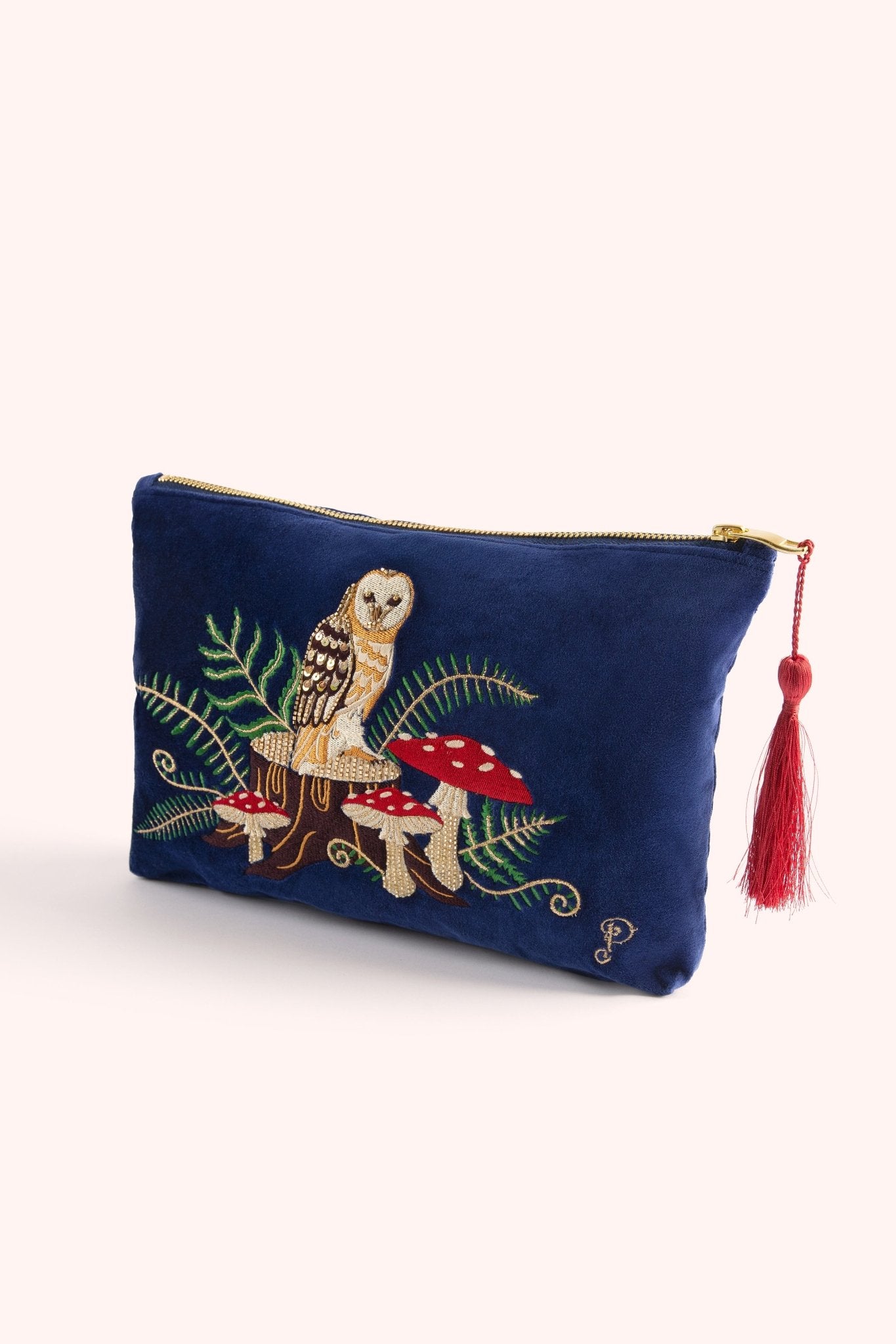 PowderPowder Embroidered Velvet Zip Pouch Woodland OwlAccessories - Blue Water Clothing