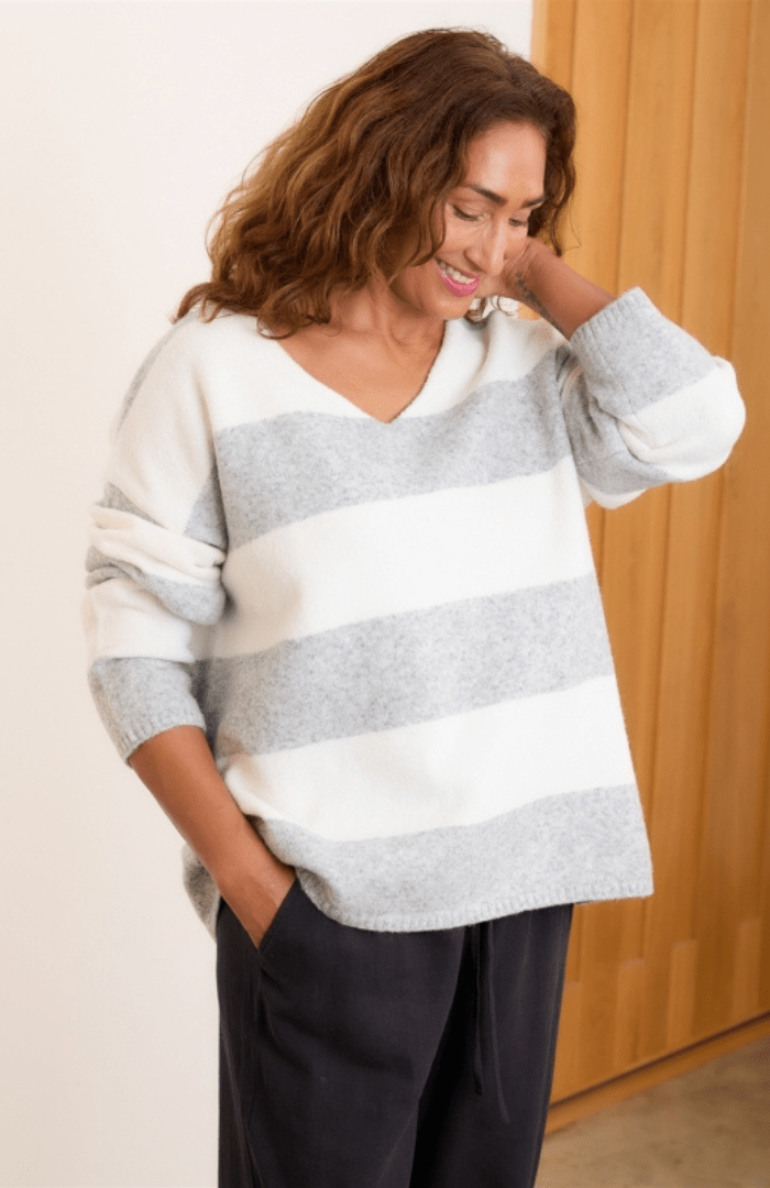 Dreams LondonSoft Tweed V - Neck Block Stripe JumperClothingSilver - Blue Water Clothing