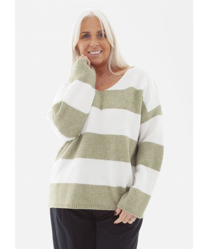Dreams LondonSoft Tweed V - Neck Block Stripe JumperClothingPistachio - Blue Water Clothing