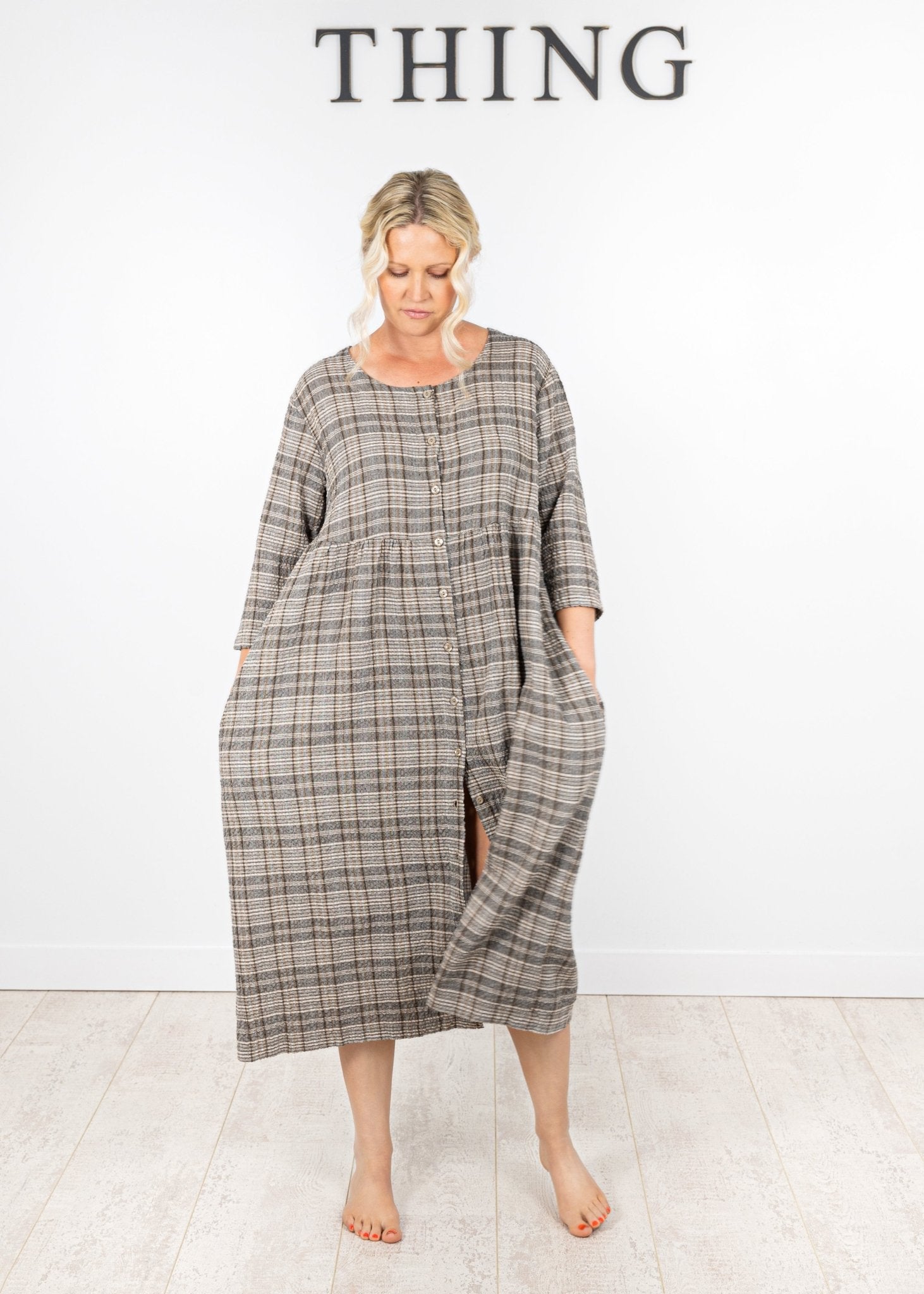 ThingThing Linen Check Jacket Dress 7197ClothingBrown/Charcoal Check - Blue Water Clothing