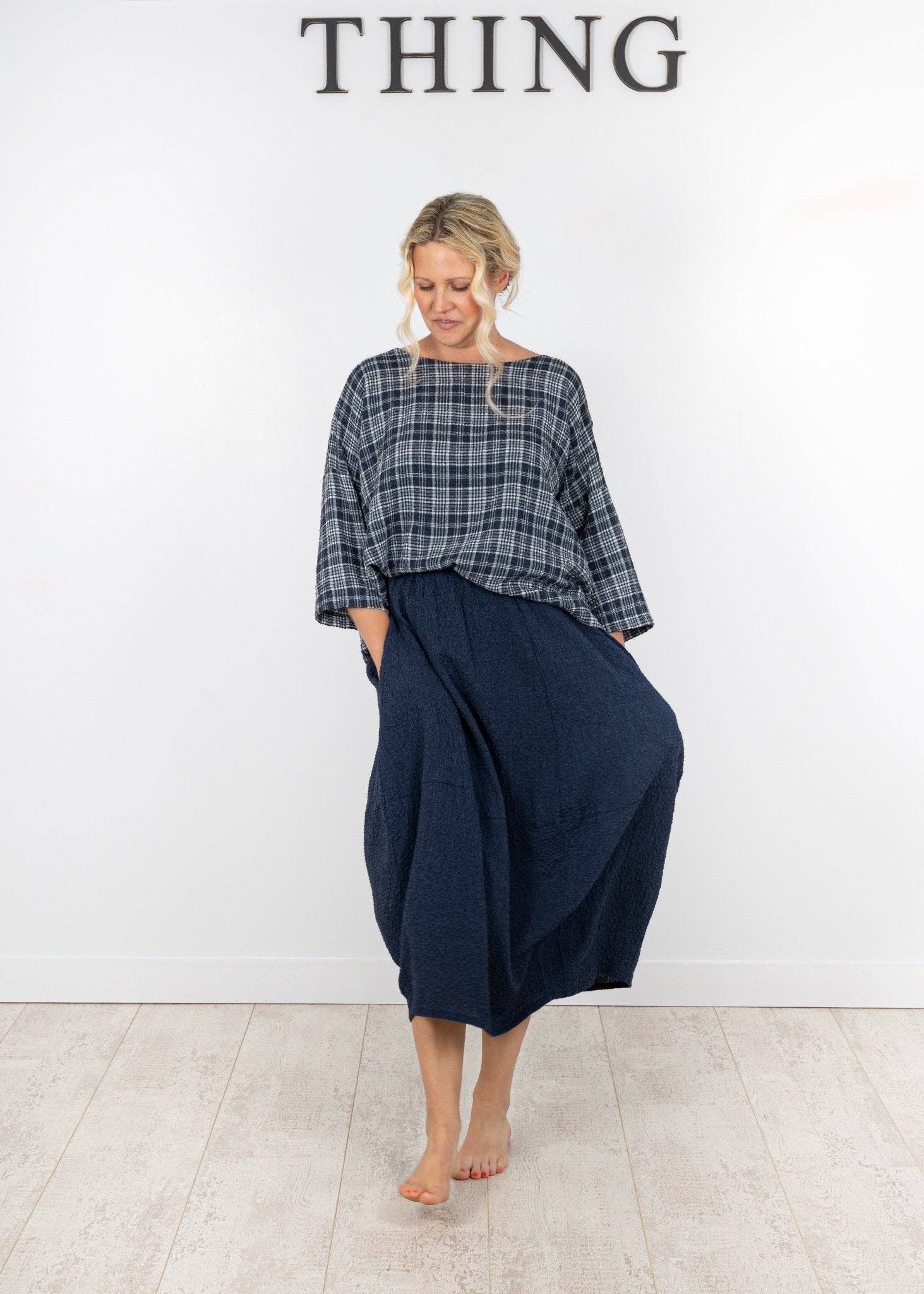 ThingThing Linen Check Top 7192ClothingNavy - Blue Water Clothing