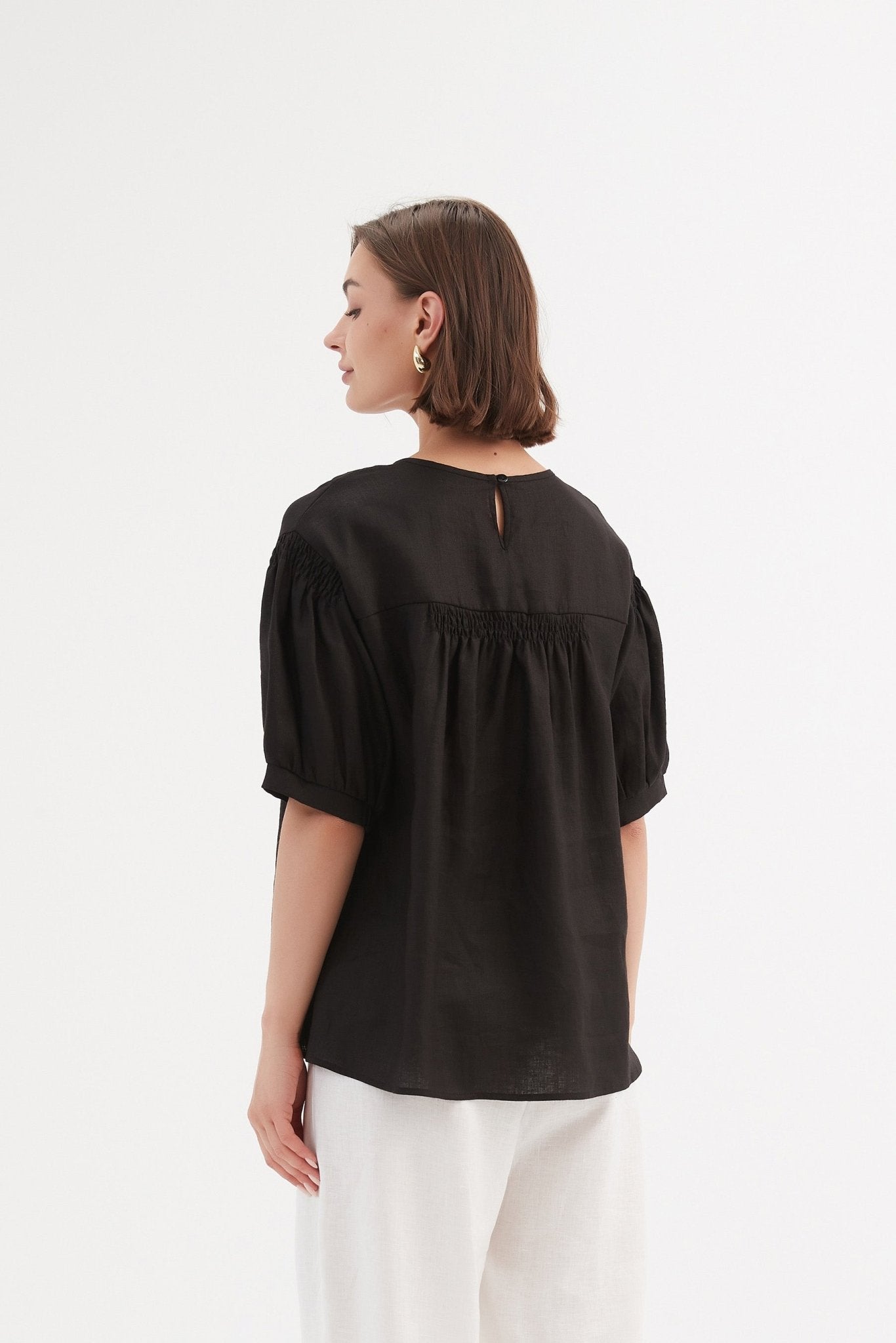 TirelliTirelli Bishop Sleeve Shirring Top 100% Linen BlackClothingBlack - Blue Water Clothing