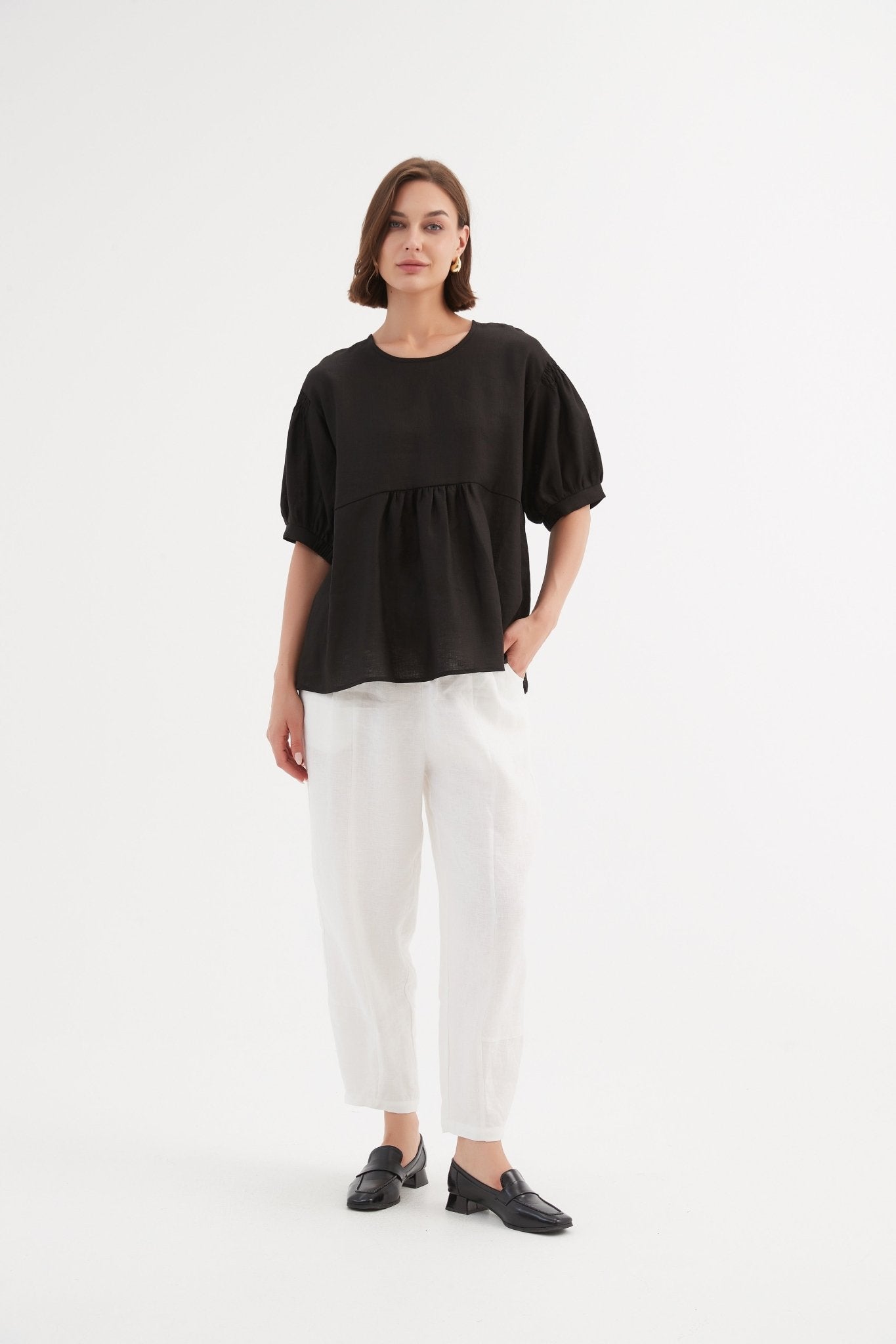 TirelliTirelli Bishop Sleeve Shirring Top 100% Linen BlackClothingBlack - Blue Water Clothing