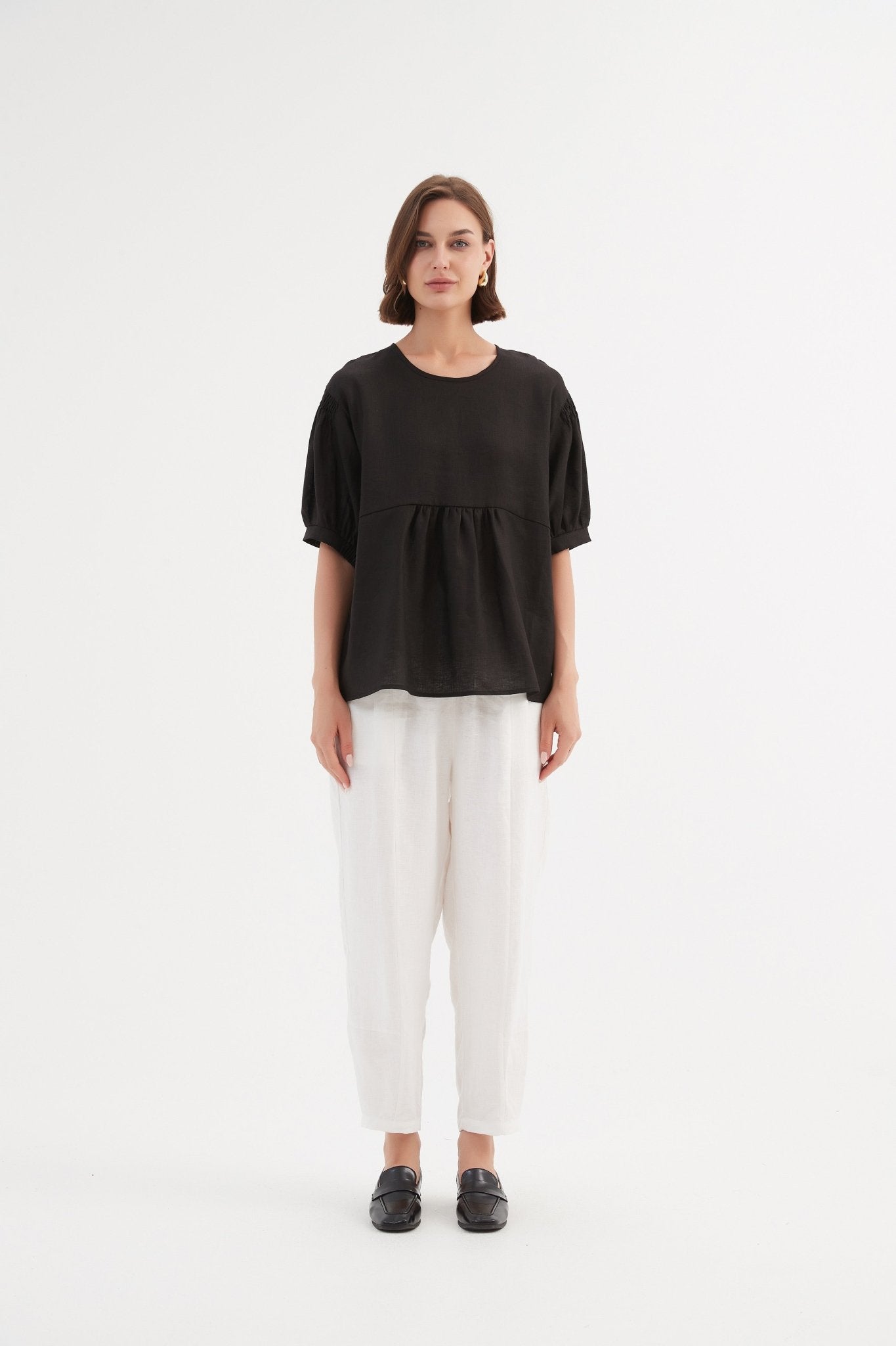 TirelliTirelli Bishop Sleeve Shirring Top 100% Linen BlackClothingBlack - Blue Water Clothing