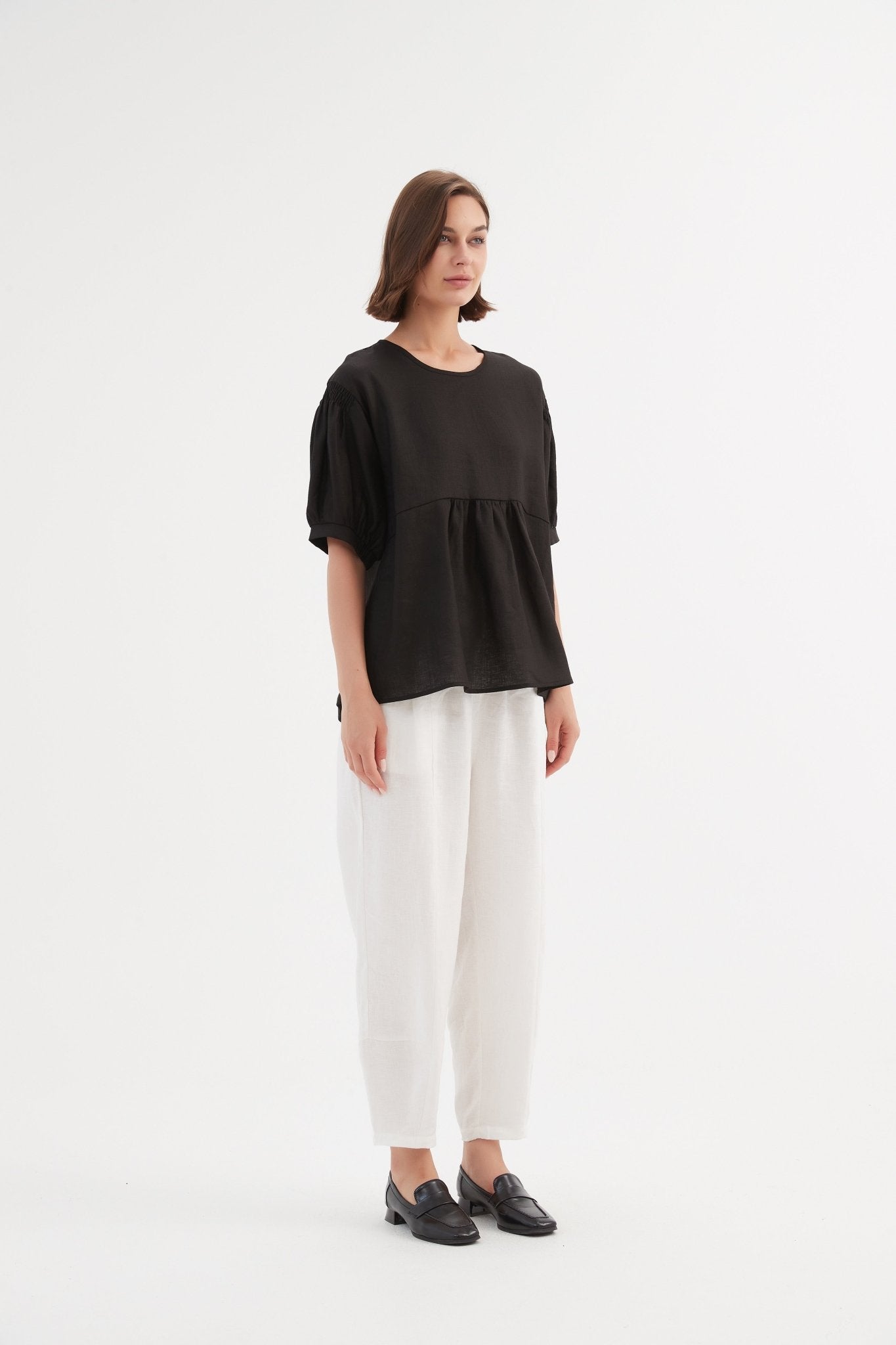 TirelliTirelli Bishop Sleeve Shirring Top 100% Linen BlackClothingBlack - Blue Water Clothing