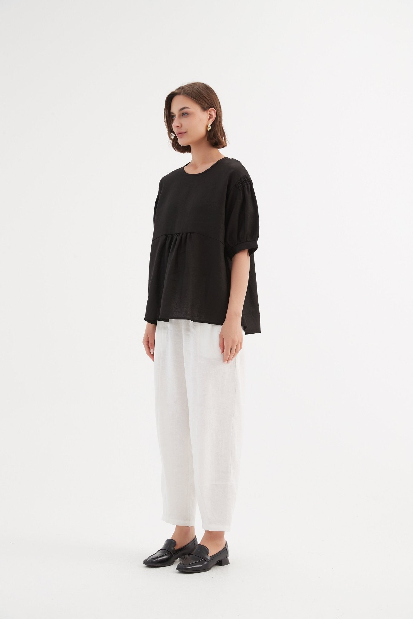 TirelliTirelli Bishop Sleeve Shirring Top 100% Linen BlackClothingBlack - Blue Water Clothing