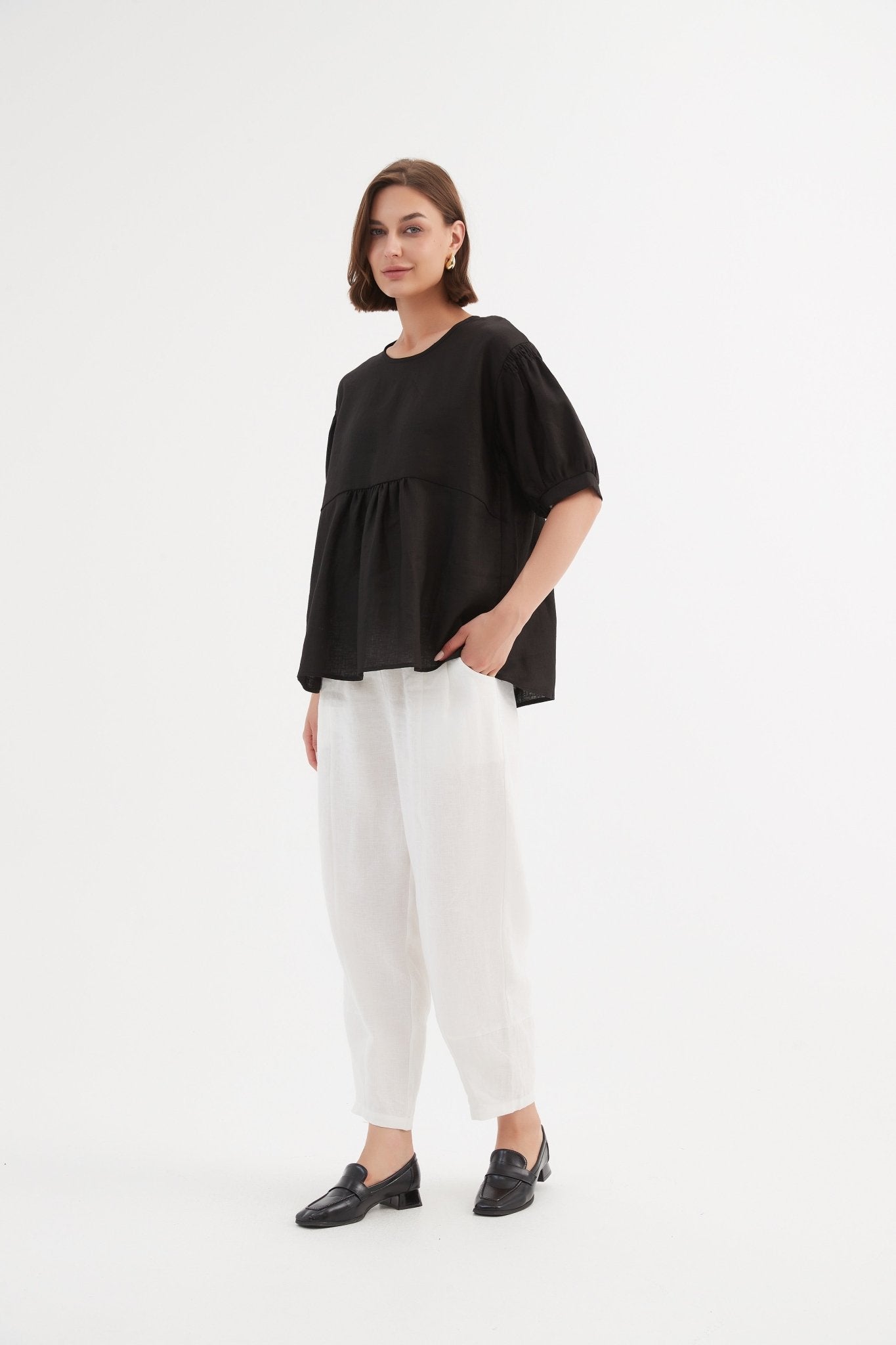 TirelliTirelli Bishop Sleeve Shirring Top 100% Linen BlackClothingBlack - Blue Water Clothing