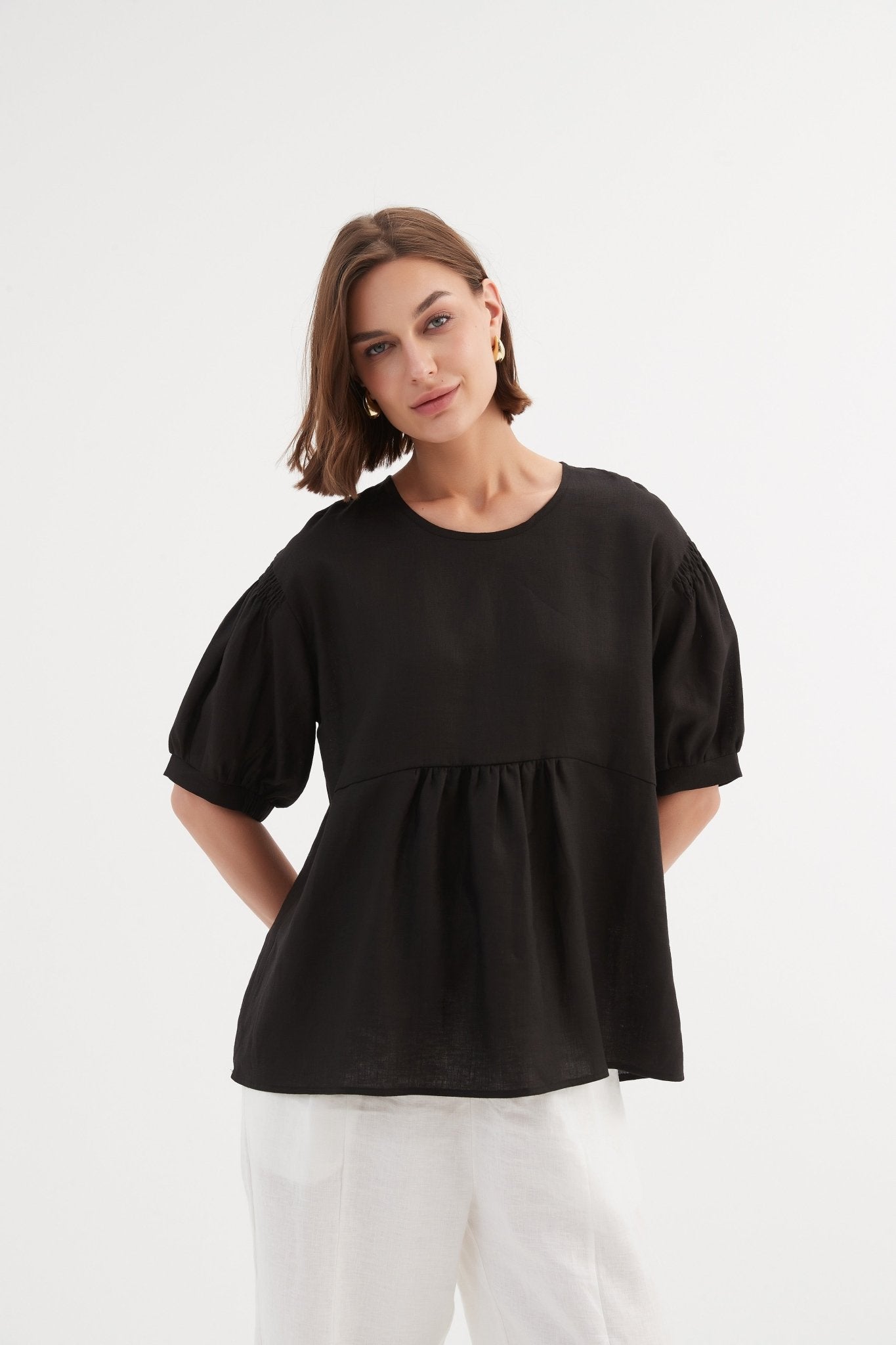 TirelliTirelli Bishop Sleeve Shirring Top 100% Linen BlackClothingBlack - Blue Water Clothing